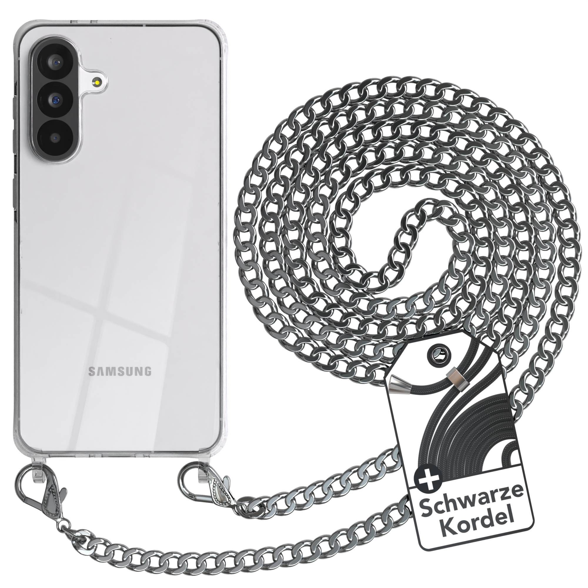EAZY CASE Handykette 2in1 Metallkette für Samsung Galaxy A56 6,7 Zoll, Hülle mit Kette Metallkette Slimcover Handykette Umhängetasche Silber