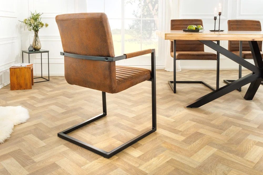 LebensWohnArt Stuhl 2er Set Freischwinger MENGA vintage-braun Industrial-Look