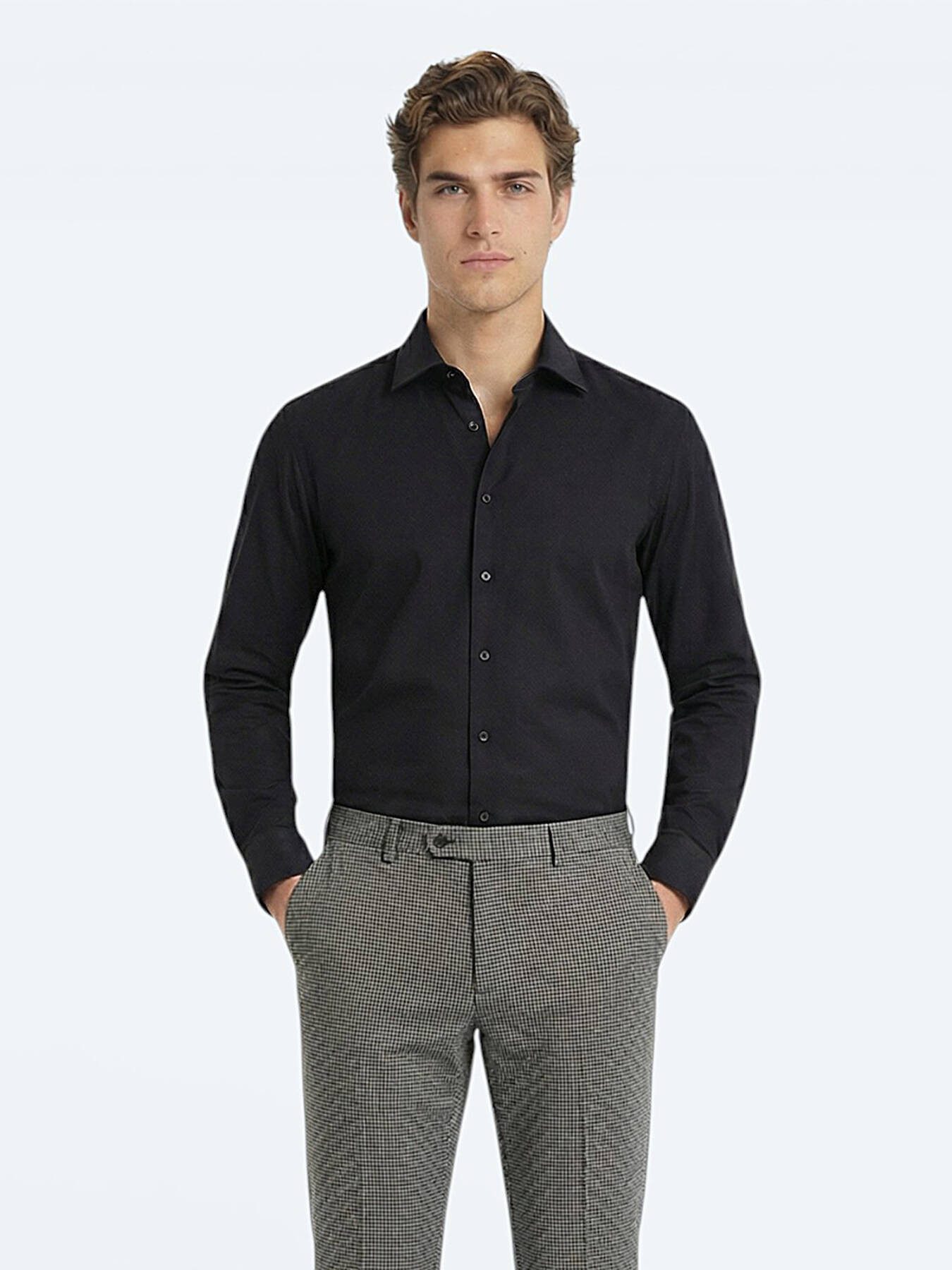 KİP Hemdbluse Schwarzes Klassisches Baumwollhemd, Slim Fit
