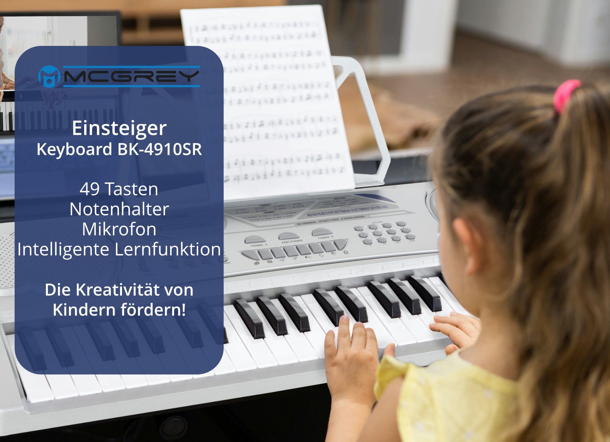 McGrey Home-Keyboard BK-4910 Einsteigerkeyboard mit 49 Tasten (2-St., inkl. Mikrofon für Gesang und Notenständer), mit 16 Sounds, 10 Rhythmen und Lernfunktion
