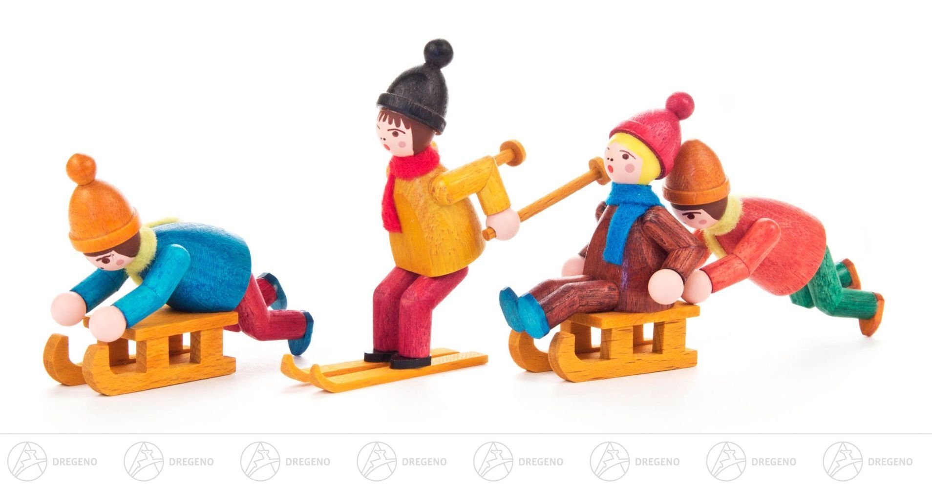 Dregeno Erzgebirge Weihnachtsfigur Miniatur Wintersportler farbig lasiert (4) Höhe ca 6 cm NEU