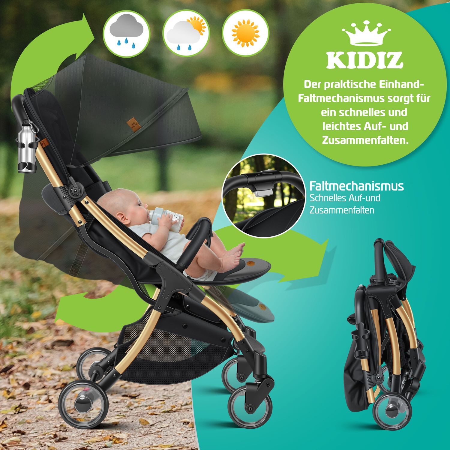 KIDIZ Kombi-Kinderwagen Sportwagen Faltbar, Buggy mit verstellbaren Rückenlehnen & 360° Räder, (Kinderbuggy Inkl. Getränkehalter, Regenabdeckung & Sonnenverdeck), Liegebuggy mit 5-Punkt Gurt & Abnehmbare Stoßstange