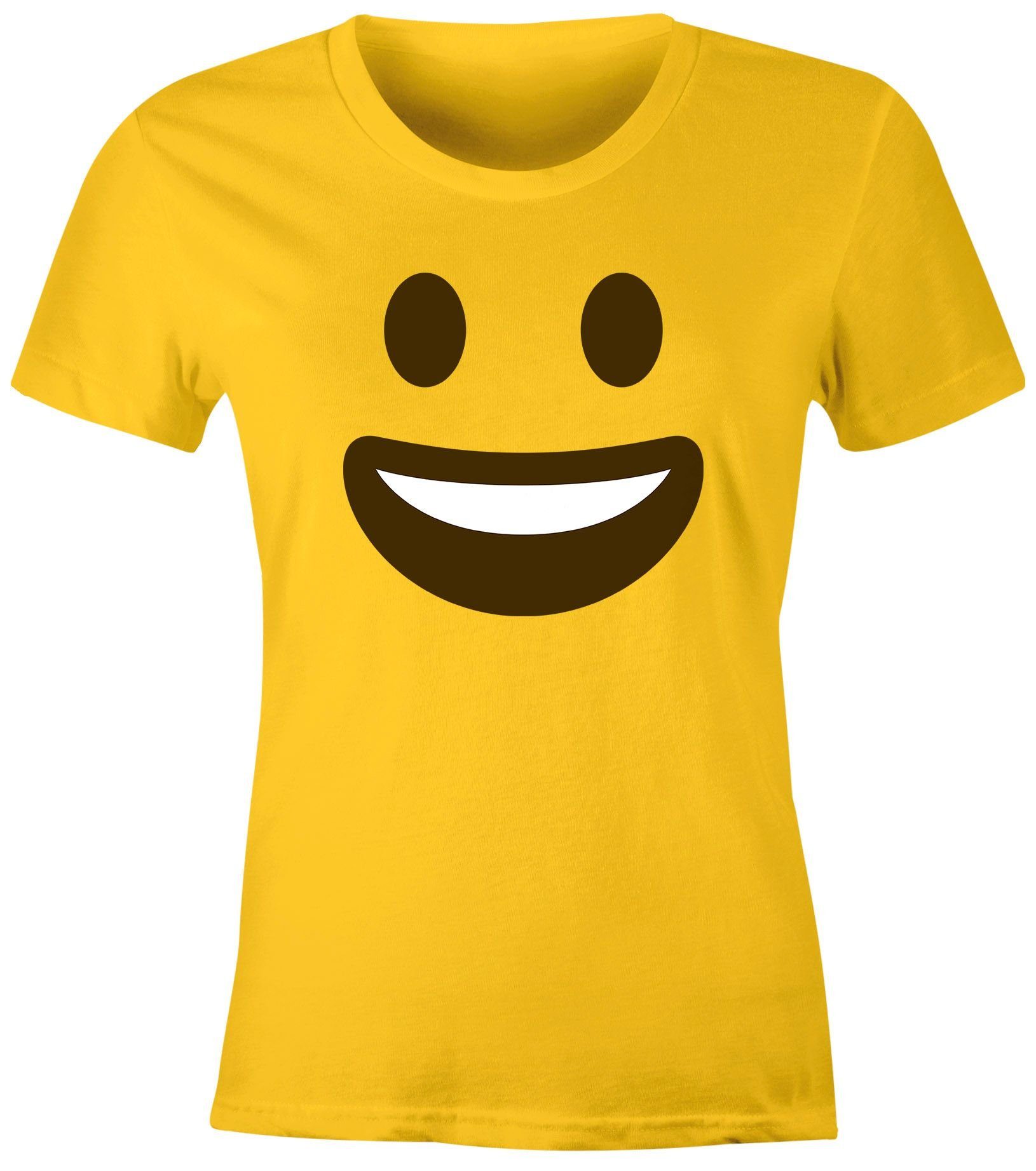 MoonWorks Print-Shirt Damen T-Shirt Emoticon Gruppenkostüm Fasching Karneval Junggesellenabschied JGA lustig Fun-Shirt Moonworks® mit Print Lachen gelb