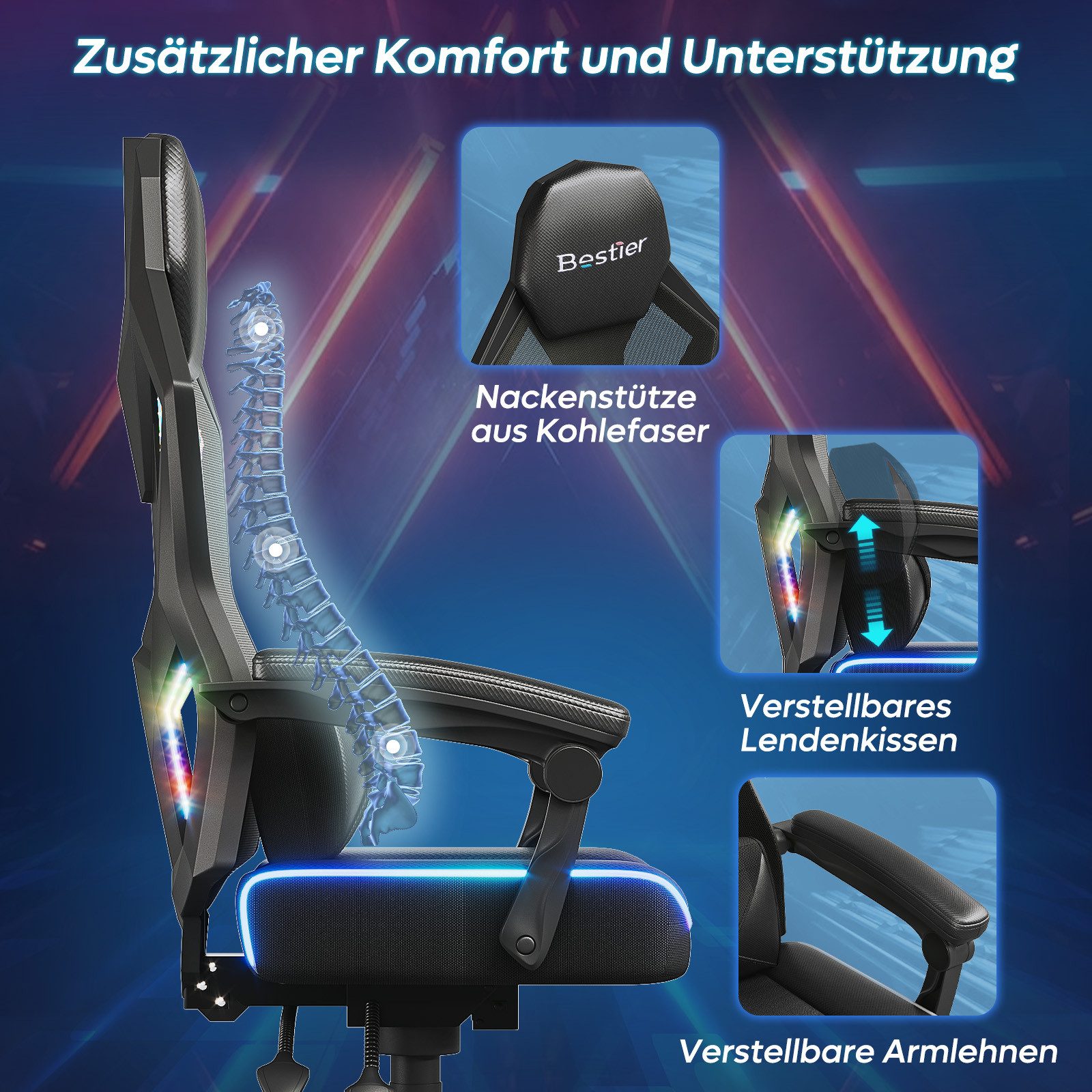 Bestier Gaming-Stuhl Gaming-Stuhl mit LED-Lichtleiste und verstellbarer Lendenwirbelstütze. – Bild 5 von 5