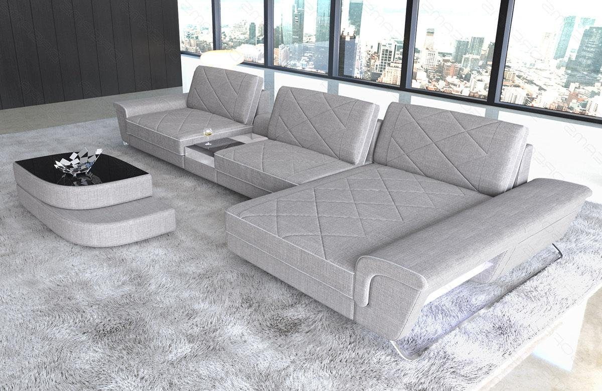 Couch L Stauraum, H2 LED, Dreams Form USB_Anschluss, Sofa mit Bari Stoff Stoffsofa Ecksofa Stauraum, Macchiato-Weiss Designersofa Sofa, Polster