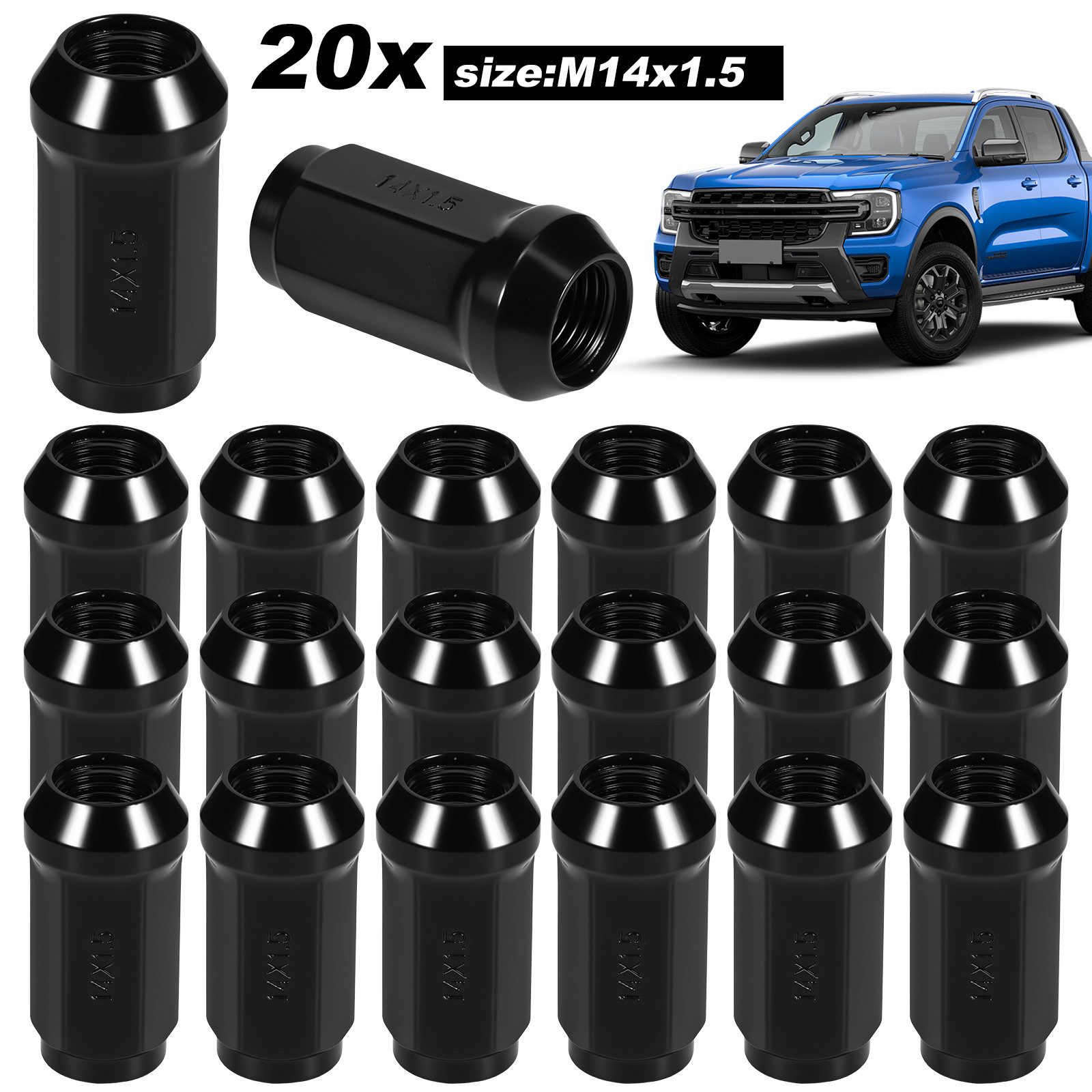 BlingBin Schrauben-Set 20x SCHWARZ Radmuttern Muttern M14x1,5 45mm Kegel 60° Kegelbund, (Packung, 20 St., 20pcs), für Opel Chrysler Ford Land Rover