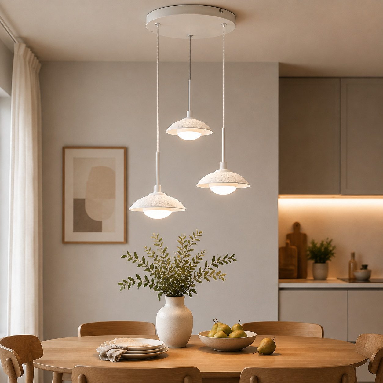 BlingBin LED Pendelleuchte Esstisch Hängelampe 3 Flammig mit Glas, elegante Sandweiß 17W, Rund-3Flammig, LED fest integriert, Höhenverstellbar Pendelleuchte- für Wohnzimmer, Esszimmer, Hotel