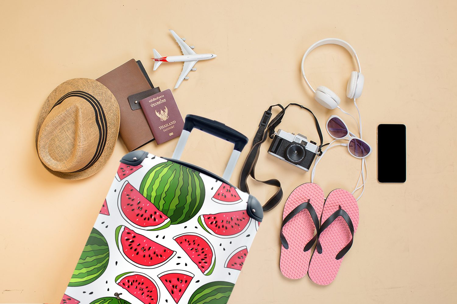 Handgepäck Rollen, - Muster für rollen, MuchoWow Ferien, - Reisekoffer Frucht, mit Reisetasche Trolley, 4 Wassermelone Kern Handgepäckkoffer -