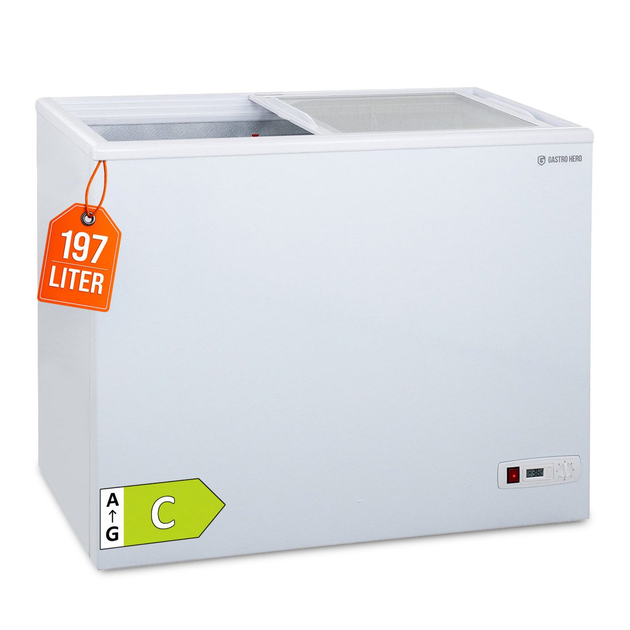 GastroHero Gefriertruhe Tiefkühltruhe ECO 200 mit Glasschiebedeckel TKTR-ECO200N, 96 cm breit, 197 l, 70 mm Isolierung, statische Kühlung, mechanisches Thermostat