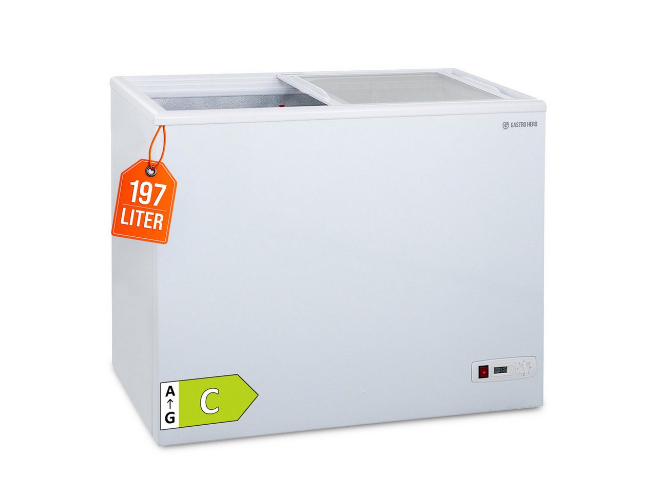 GastroHero Gefriertruhe Tiefkühltruhe ECO 200 mit Glasschiebedeckel TKTR-ECO200N, 96 cm breit, 197 l, 70 mm Isolierung, statische Kühlung, mechanisches Thermostat