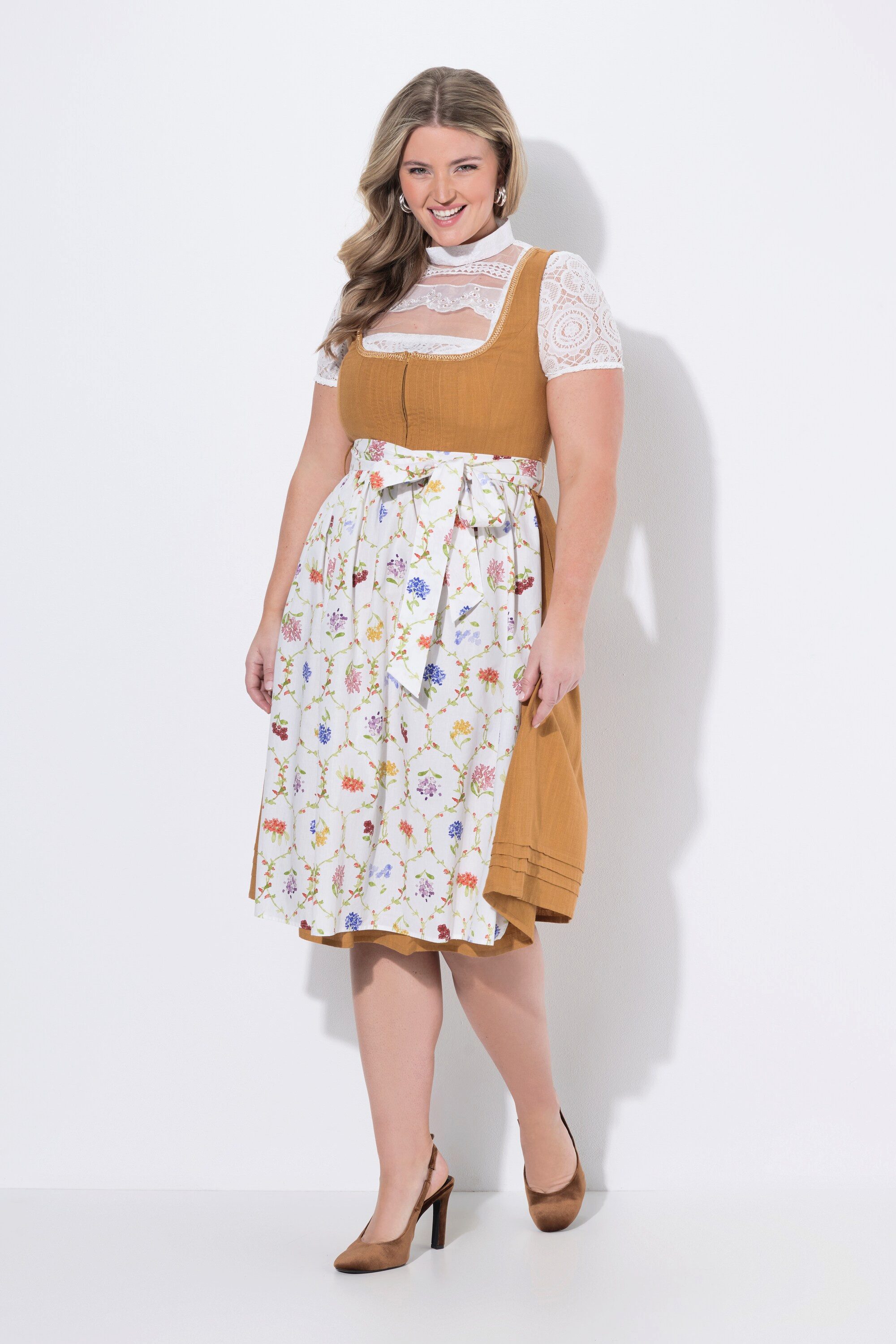 Ulla Popken Dirndl Leinenmix-Dirndl Biesen Blüten Carré-Ausschnitt