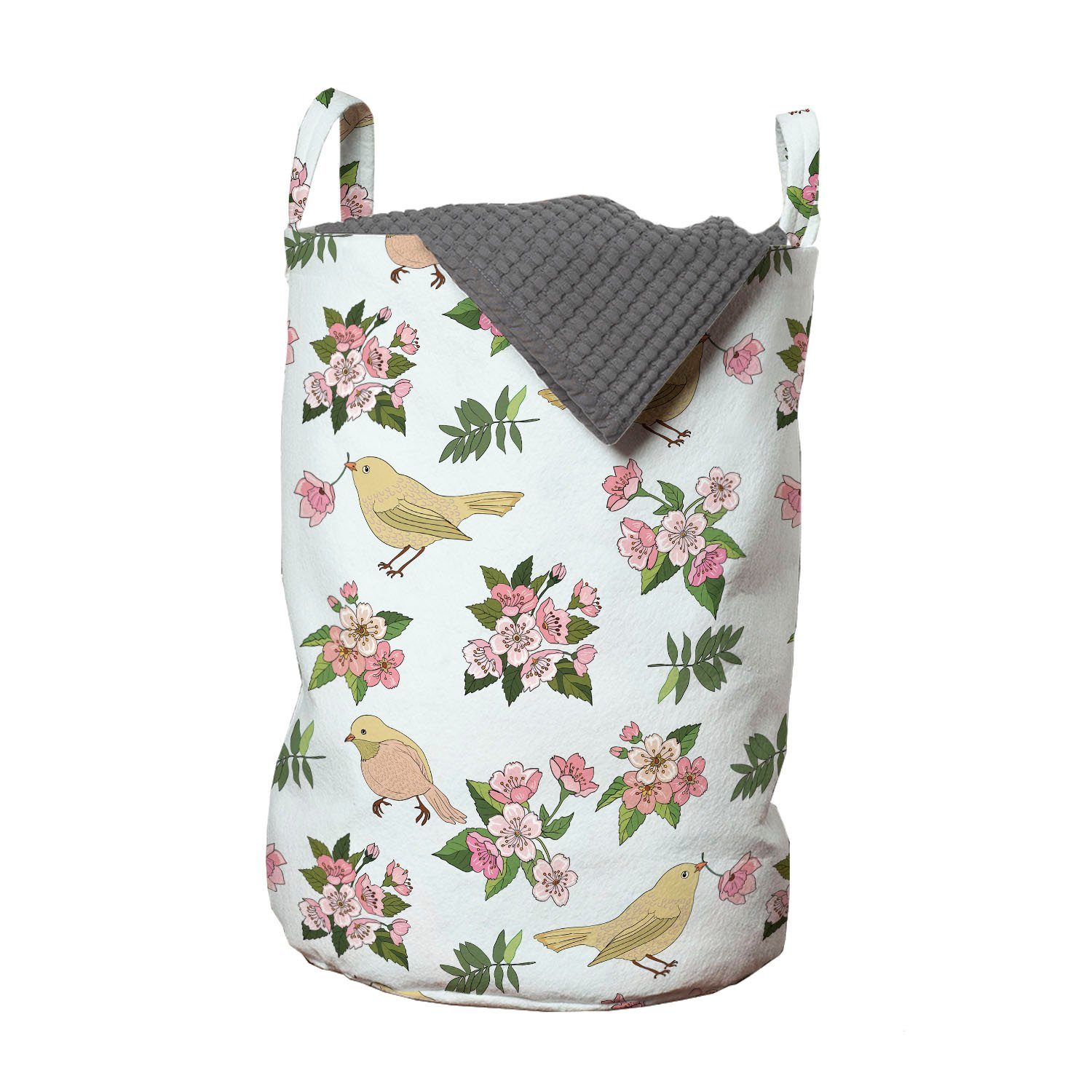 Abakuhaus Wäschesäckchen Wäschekorb mit Griffen Kordelzugverschluss für Waschsalons, Blumen Blumen und Vogel-Muster