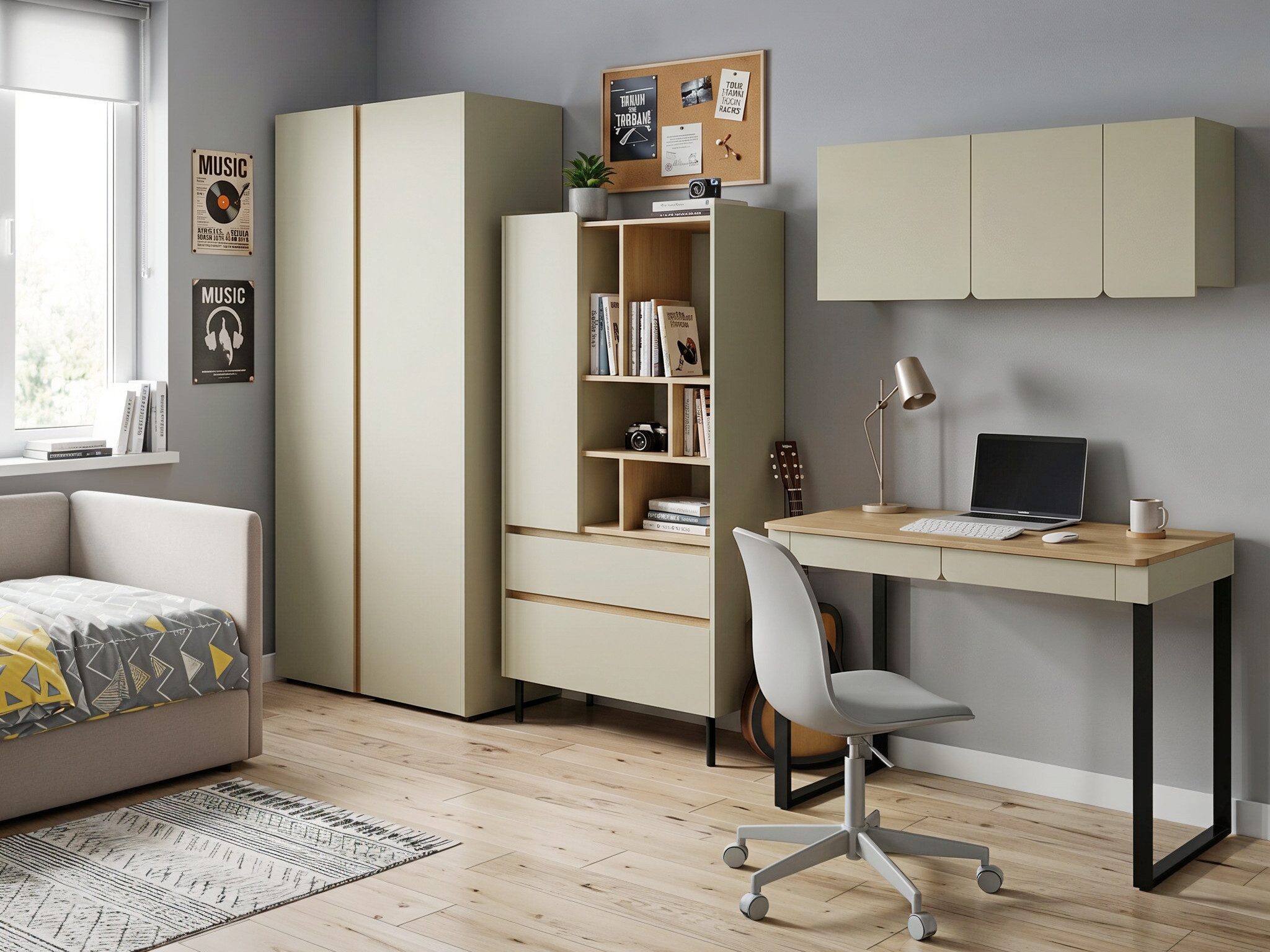 Beautysofa Jugendzimmer-Set LICO im modernen Stil, (Kinderzimmer Möbel grifflos, Set 4-teilig Kleiderschrank Bücherregal Schreibtisch Hängeregal), moderne Farben Sandbeige oder Eukalyptus