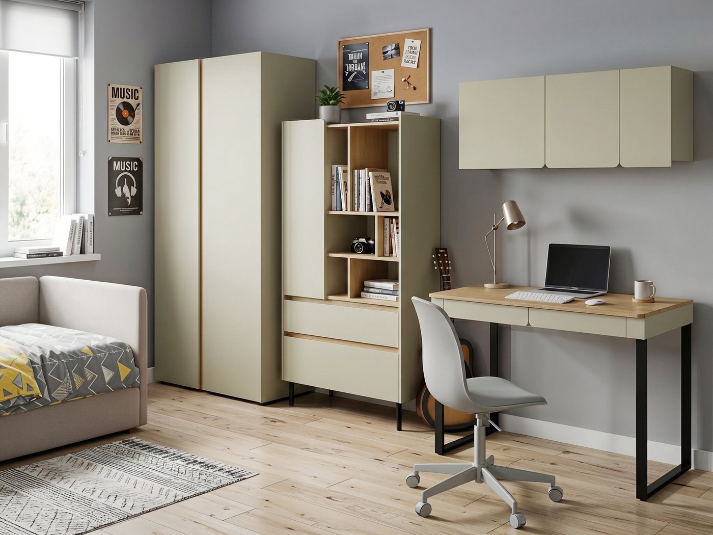 Beautysofa Jugendzimmer-Set LICO im modernen Stil, (Kinderzimmer Möbel grifflos, Set 4-teilig Kleiderschrank Bücherregal Schreibtisch Hängeregal), moderne Farben Sandbeige oder Eukalyptus