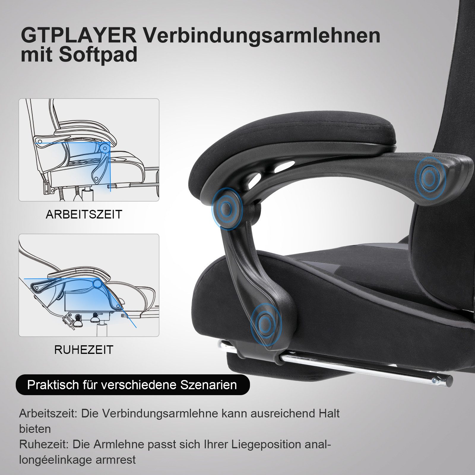 GTPLAYER Gaming-Stuhl Bürostuhl mit Massagefunktion, Fußstütze, Kopfstütze (Packung), Ergonomischer Gamer Stuhl Maximale Belastung 150 kg, 360° drehbar – Bild 3 von 5