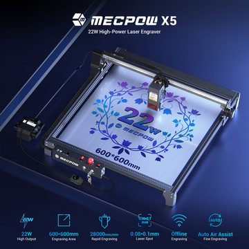 Mecpow Graviergerät X5 22W, 110-220 V, 600x600mm Gravurfläche 0,08x0,1mm Laserpunkt mit Auto Air Assist