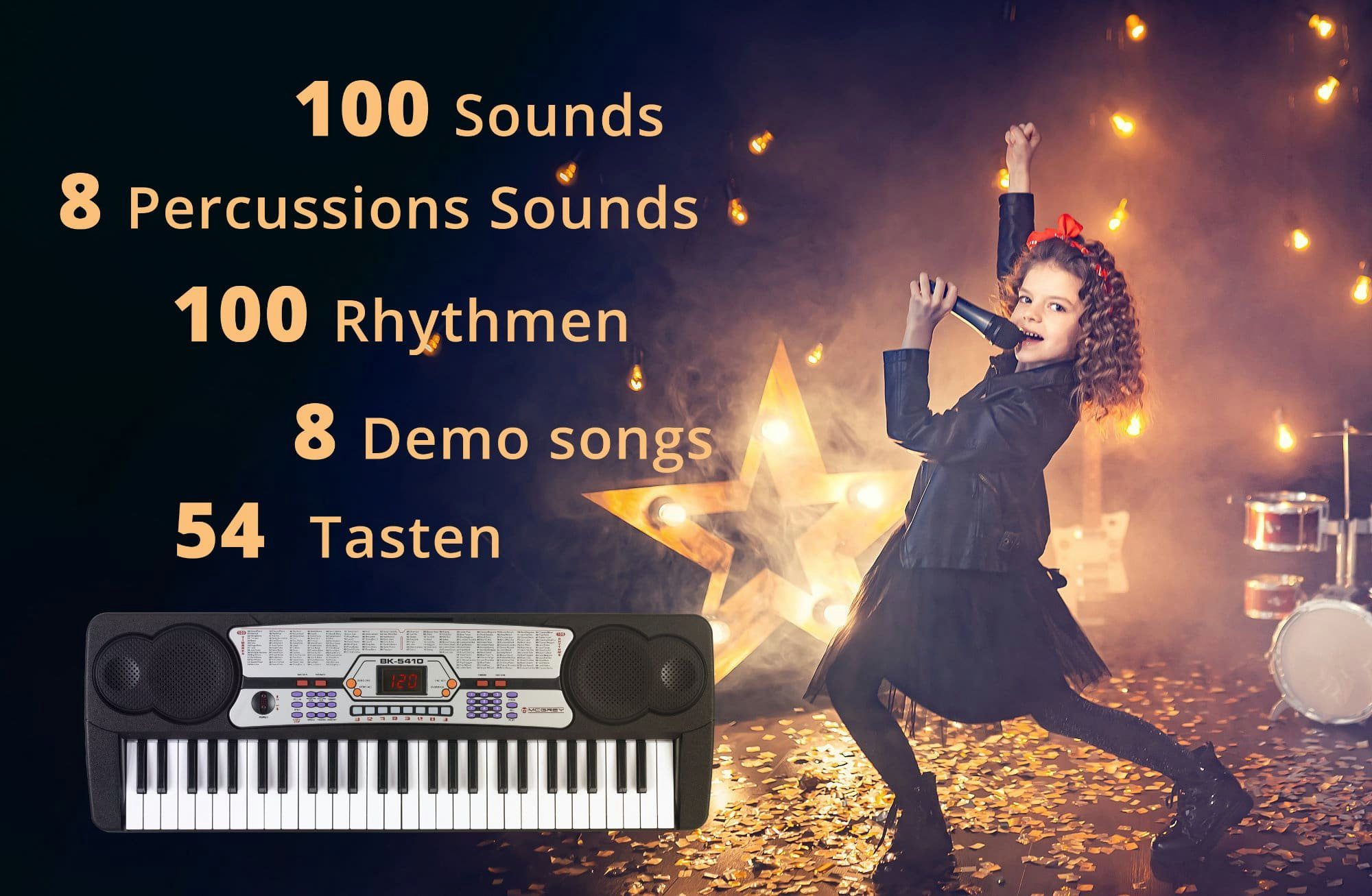 McGrey Home-Keyboard BK-5410 Keyboard Mini-Ständer Set - Einsteiger-Keyboard mit 54 Tasten (100 Sounds & Rhythmen - umfangreiche Lernfunktion, 3-St., Inkl. Ständer, Mikrofon und Notenhalter), mit Guide Funktion: One Key / Ensemble
