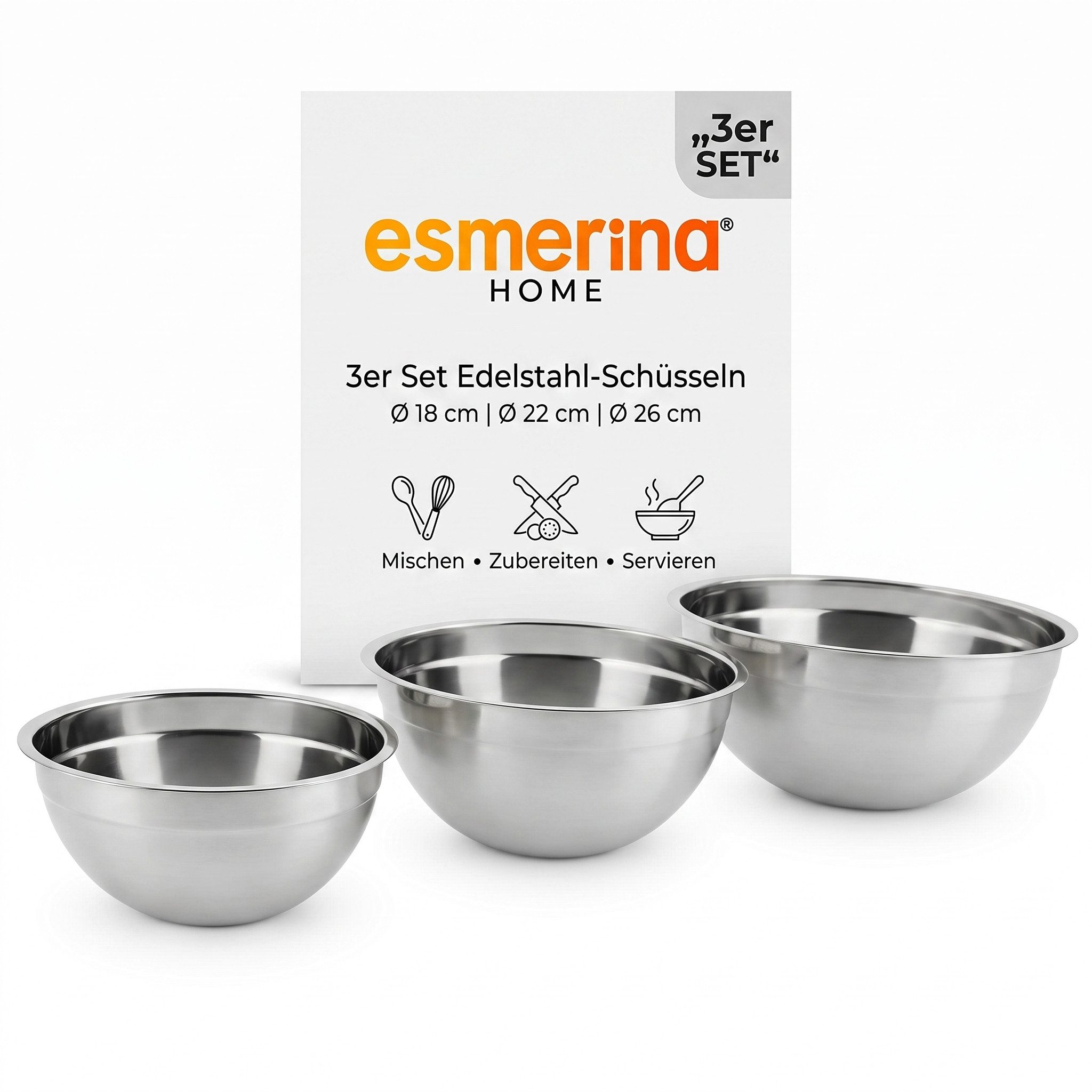 esmerina® Rührschüssel 3er Set Edelstahlschüsseln Ø 18/22/26 cm – Rührschüsseln aus Edelstahl, Edelstahl, (Set, 3-tlg), rostfrei – Ø 18/22/26 cm