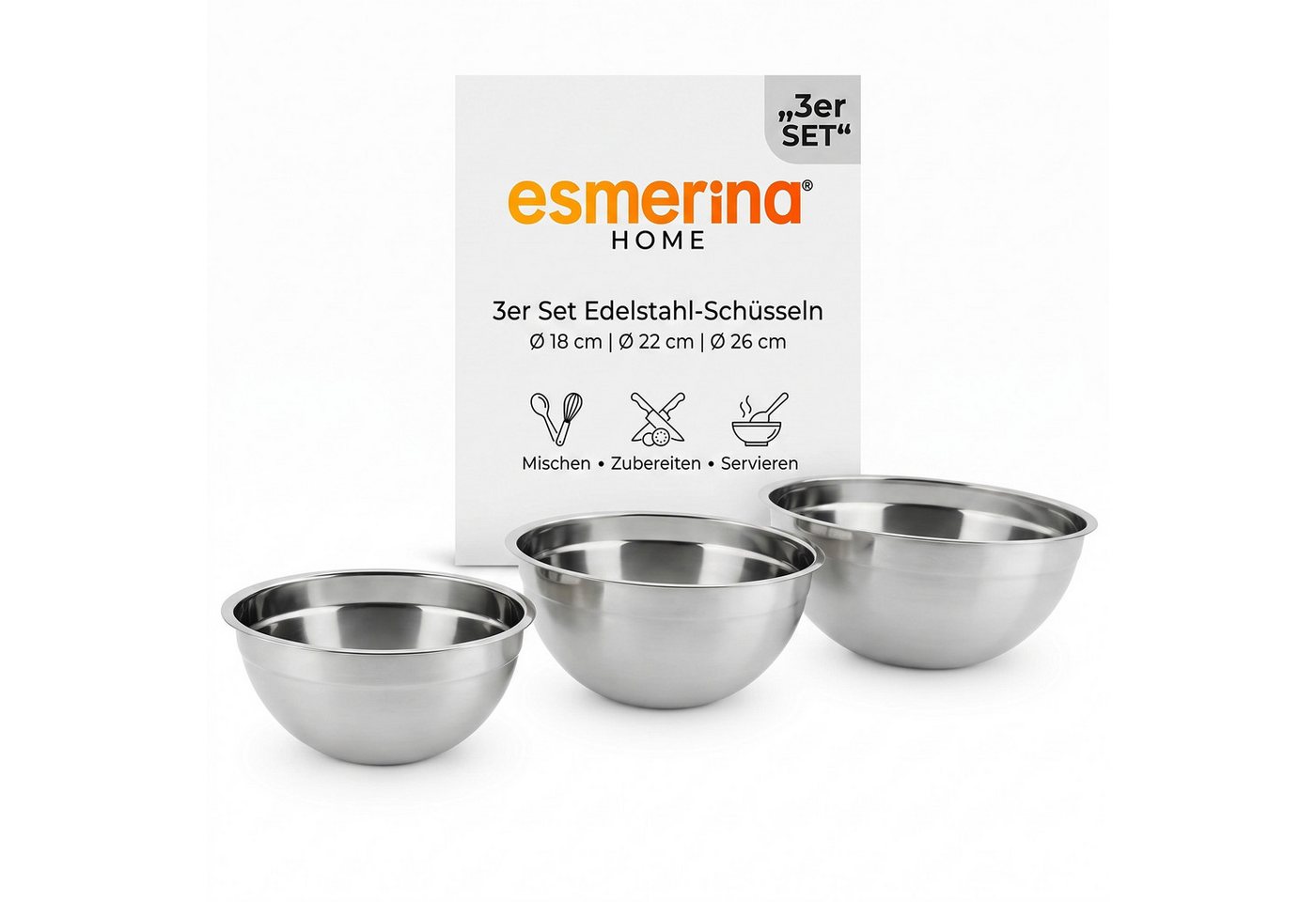 esmerina® Rührschüssel 3er Set Edelstahlschüsseln Ø 18/22/26 cm – Rührschüsseln aus Edelstahl, Edelstahl, (Set, 3-tlg), rostfrei – Ø 18/22/26 cm