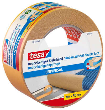 tesa Doppelklebeband UNIVERSAL Doppelseitiges Klebeband (Packung, 1-St) Gewebeklebeband / Verlegeband für Teppiche & Basteln - 25 m : 50 mm