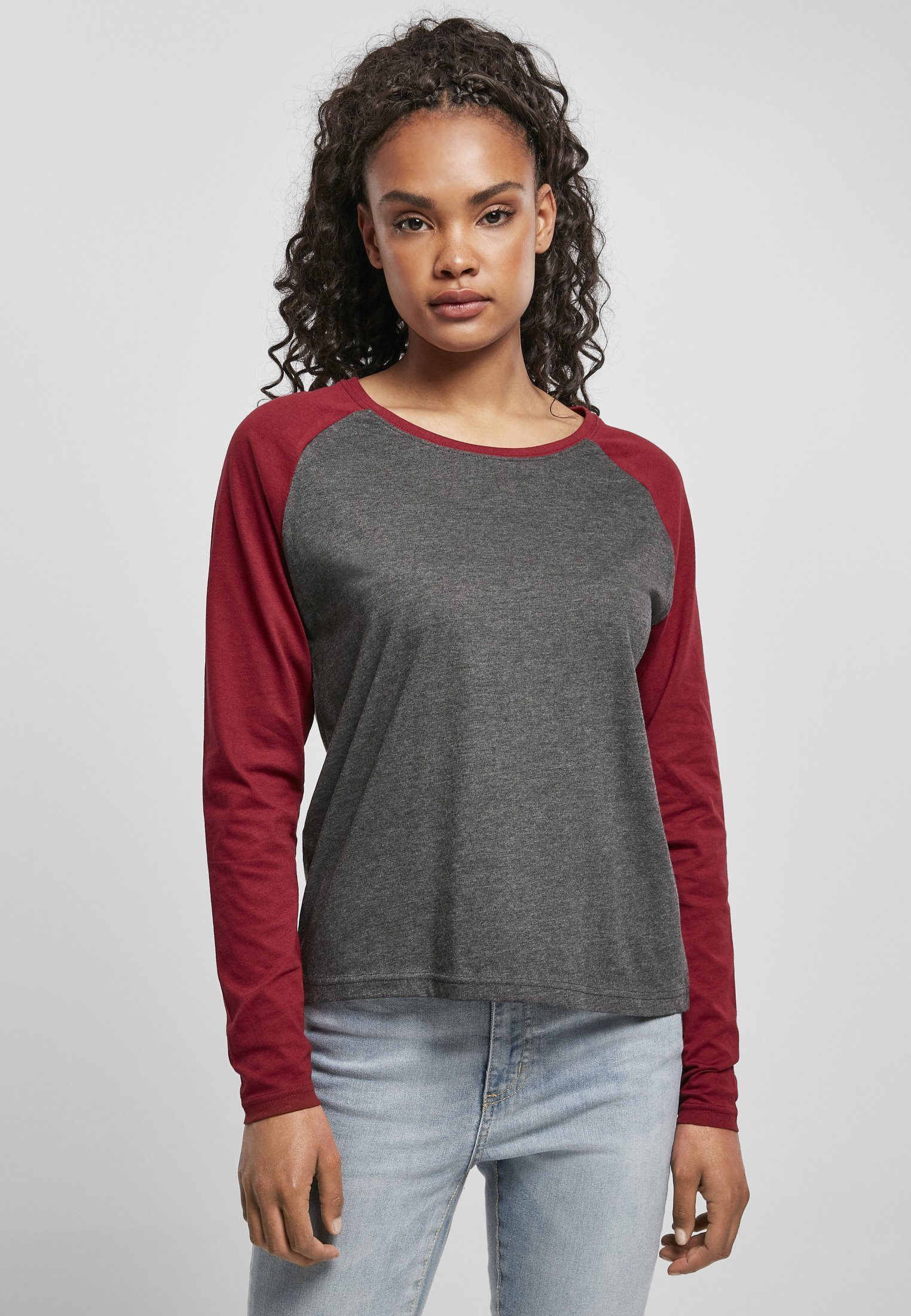 URBAN CLASSICS Langarmshirt Raglan (1-tlg) Longsleeve Damen charcoal/burgundy Ladies Contrast