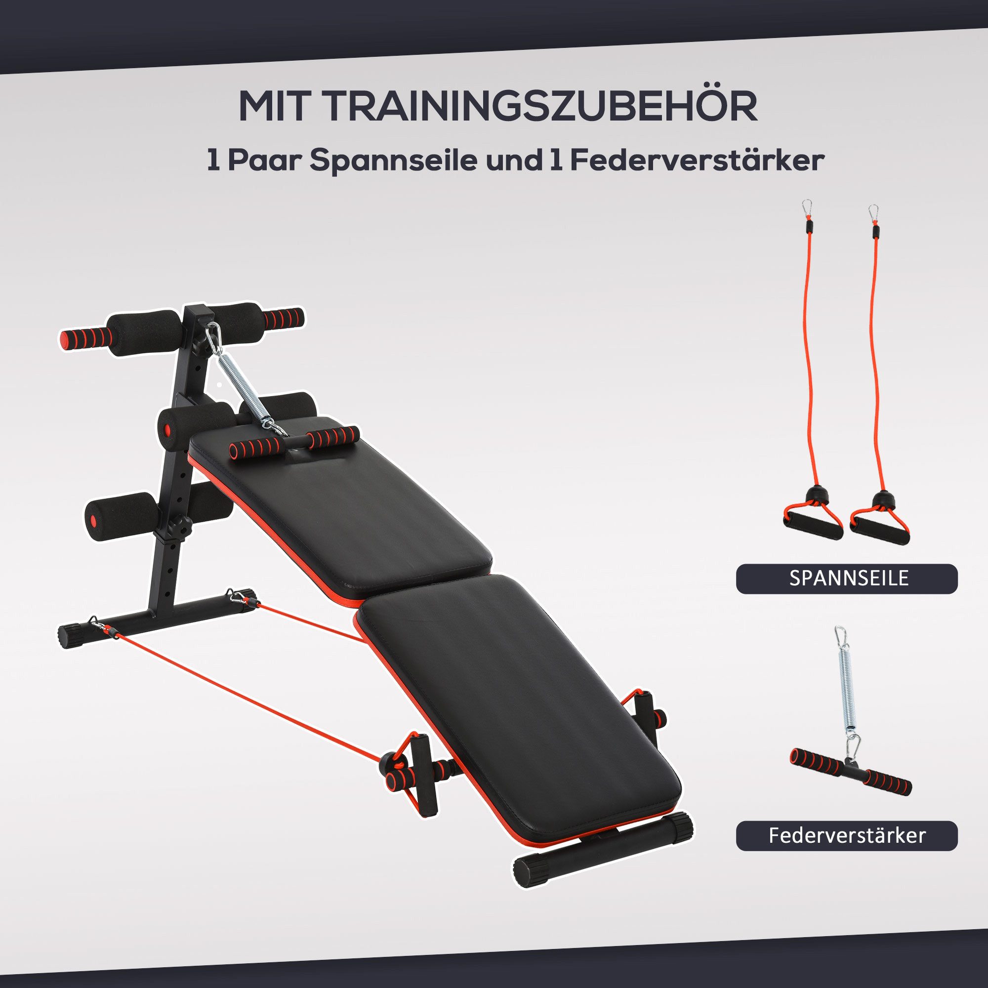 MC Star Bauchtrainer Sit Up Bank verstellbar & klappbar, Multifunktions Trainingsbank (mit Trainingsseilen, 110 kg Belastbarkeit, Stahl Schwarz Rot)