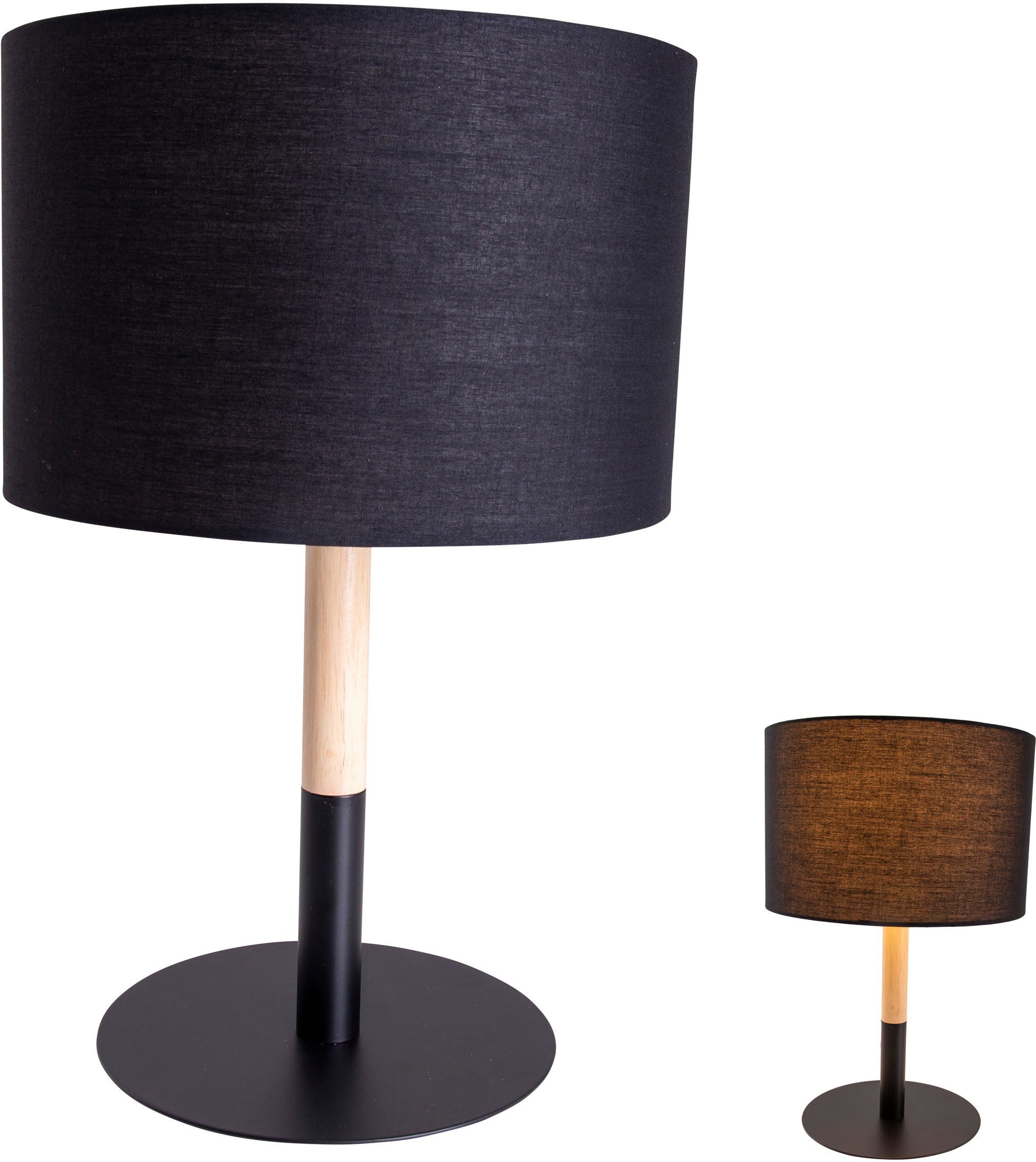 näve Tischleuchte Tessile, ohne Leuchtmittel, Textilschirm, Fuß zur Hälfte Metall schwarz und Holz Gummibaum, E14