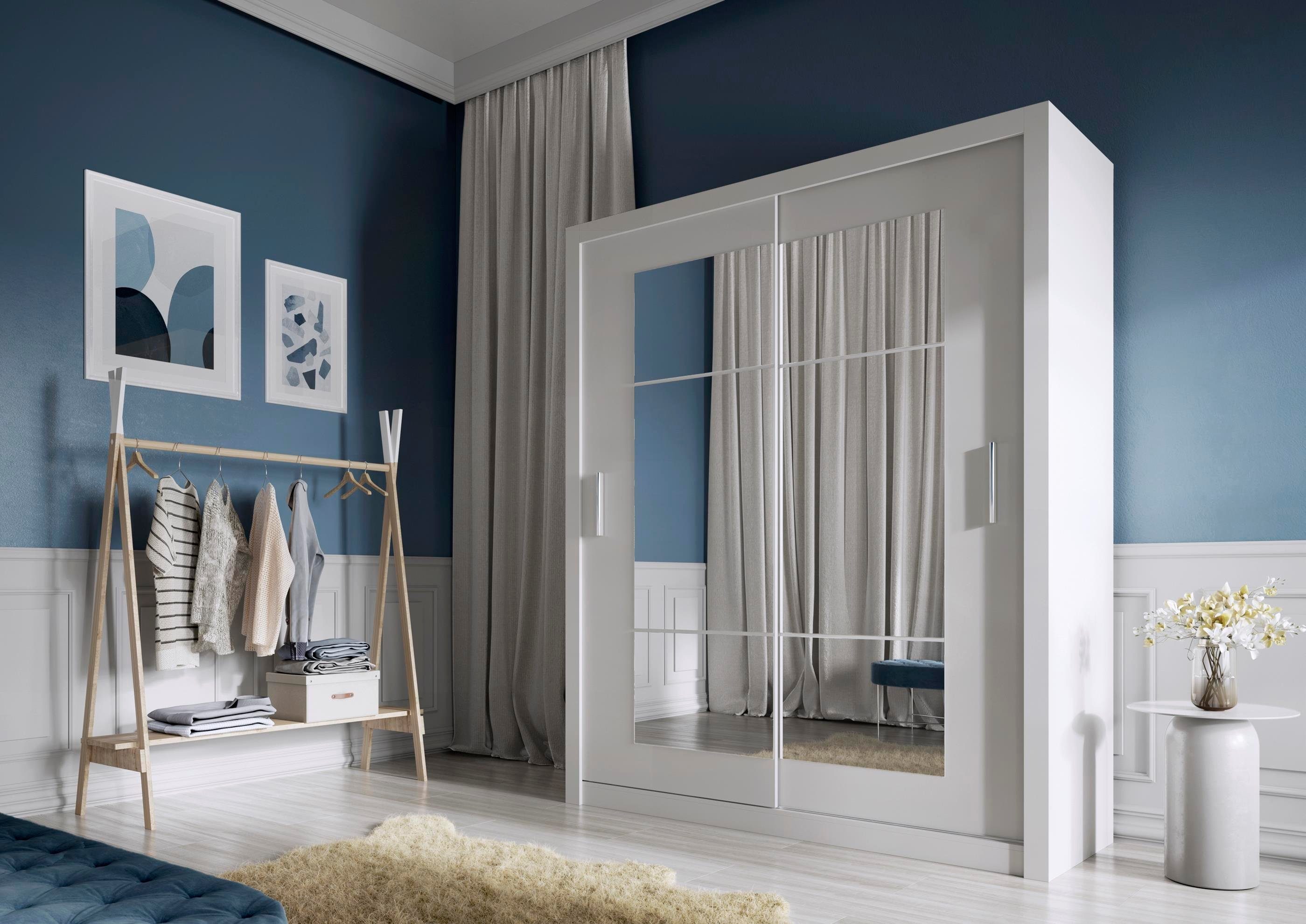 Compleo Kleiderschrank VENTI 02, mit Spiegel, 180 cm Modern, weiß Schwebetürenschrank, 2-türige