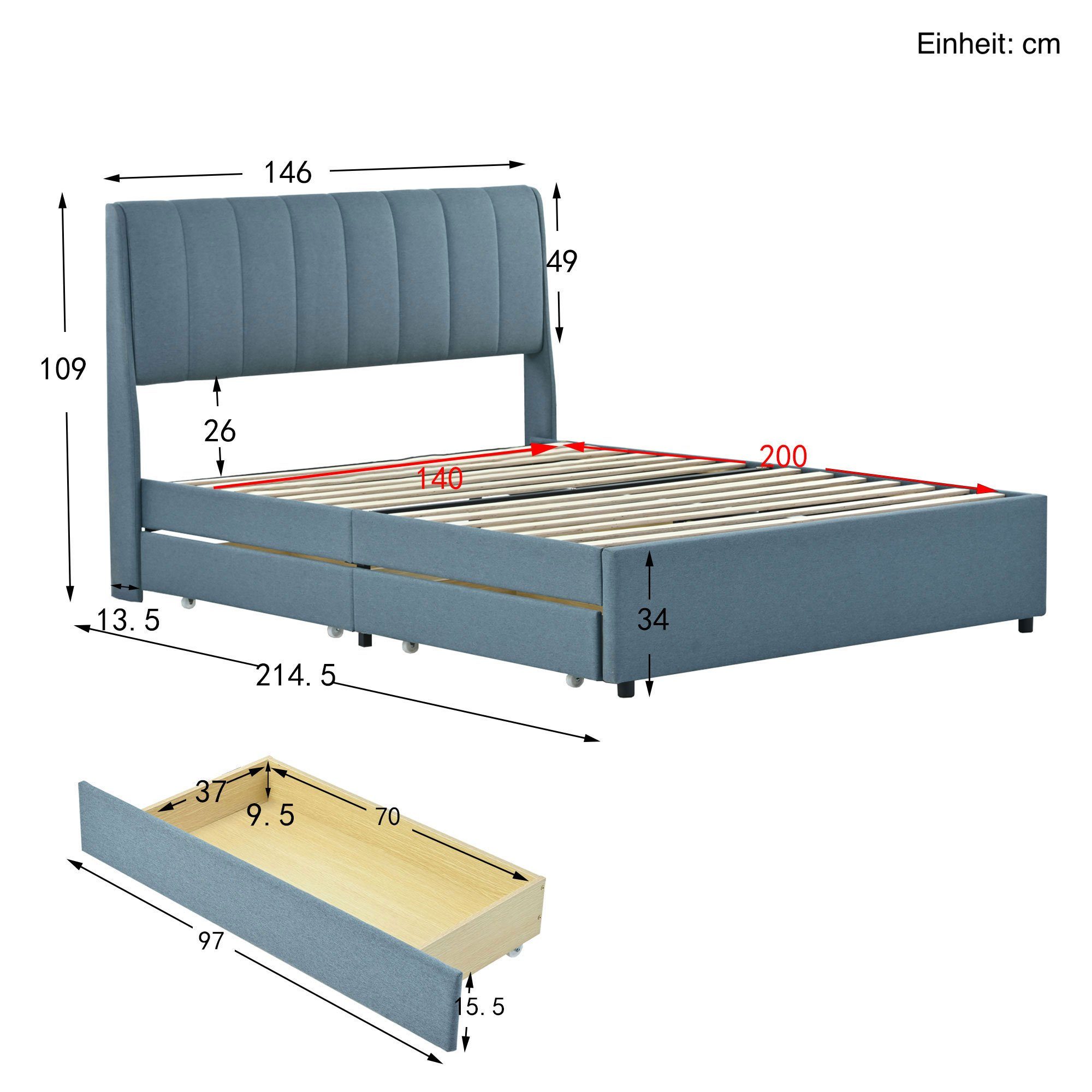 gepolsterter Kopfteil, Polsterbett 4 140x200 blau Lattenrost, Schubladen (Doppelbett cm), und mit SOFTWEARY Leinen