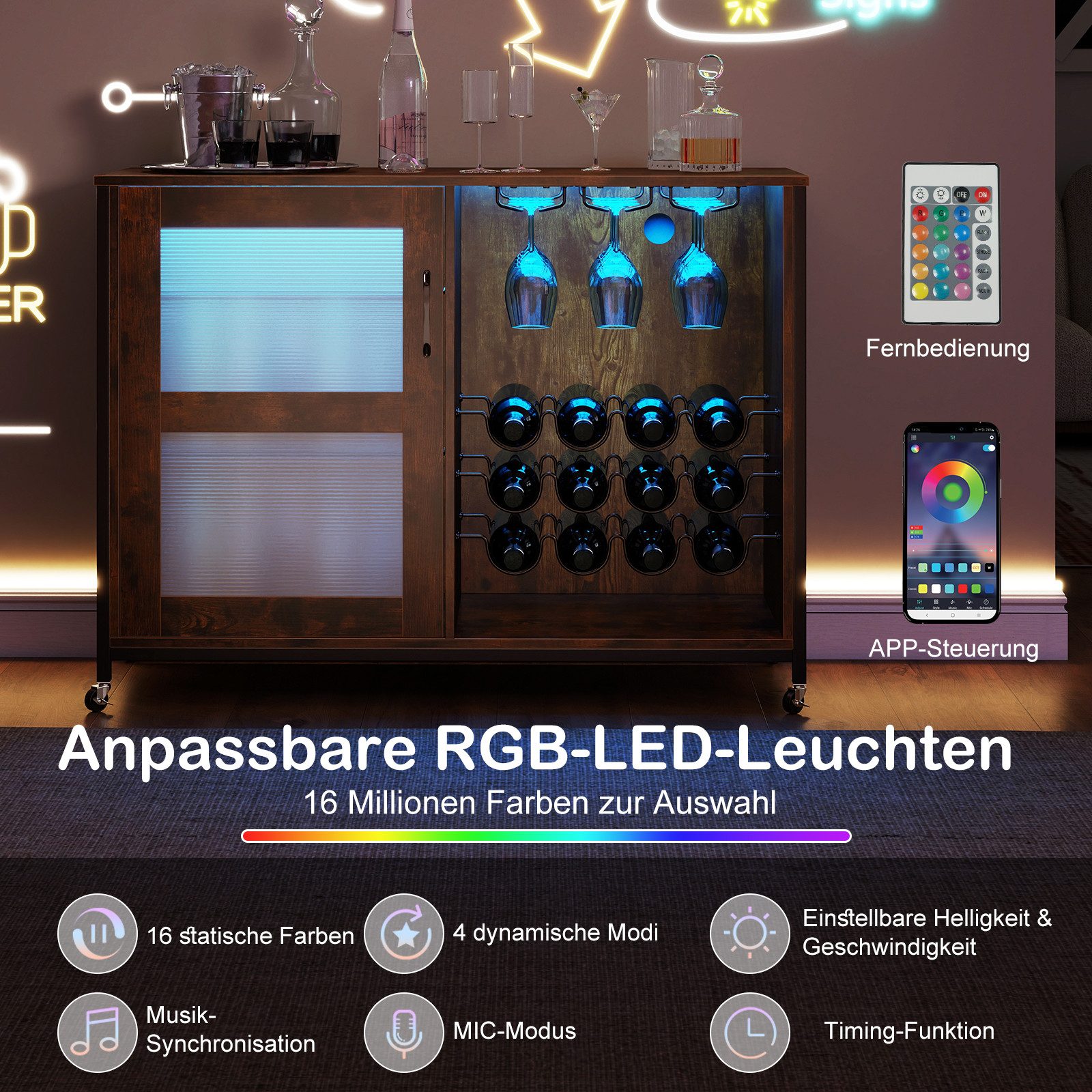 KOMFOTTEU Weinschrank Barschrank mit Beleuchtung, Rollen, Weinregal & Glashalter – Bild 4 von 5
