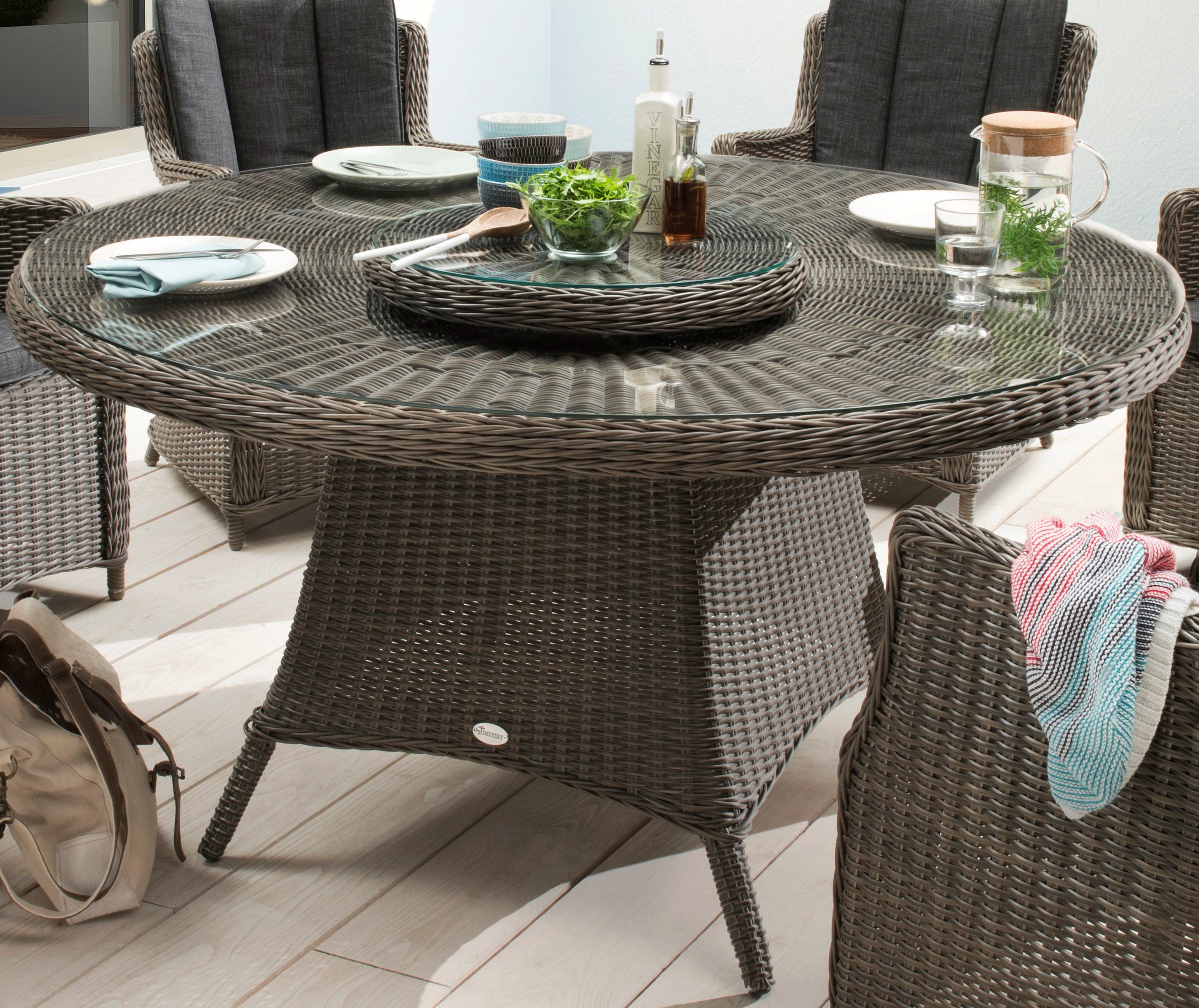 Destiny Garten-Essgruppe LUNA, (19-tlg., 6x Sessel, 1x Tisch, 1x Drehteller, inkl. Auflagen), Aluminium, Polyrattan