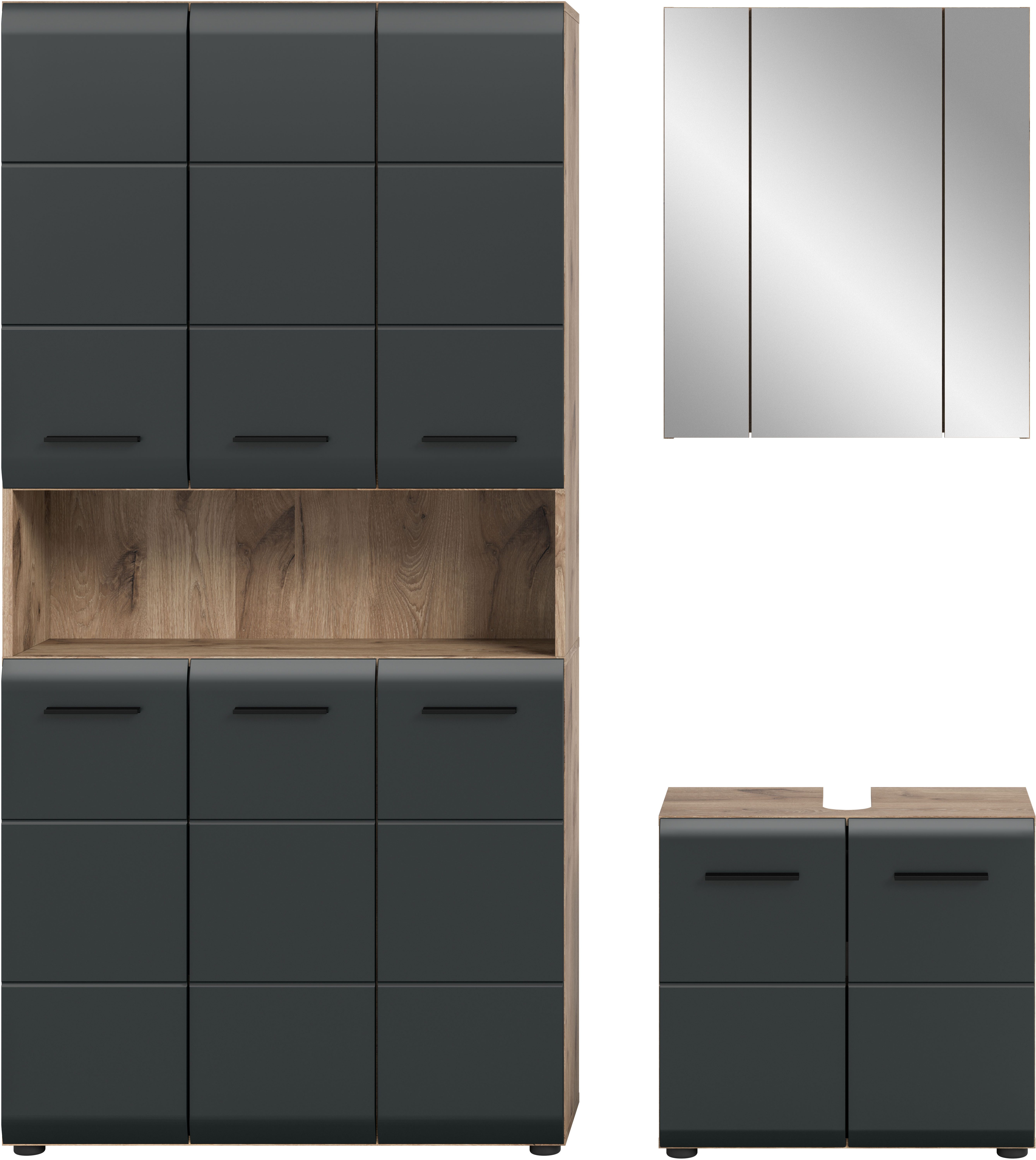 welltime Badezimmer-Set, (Set, 4-St), Florenz, Badkombination 3-tlg., Nox Oak NB, Mehrzweckschrank