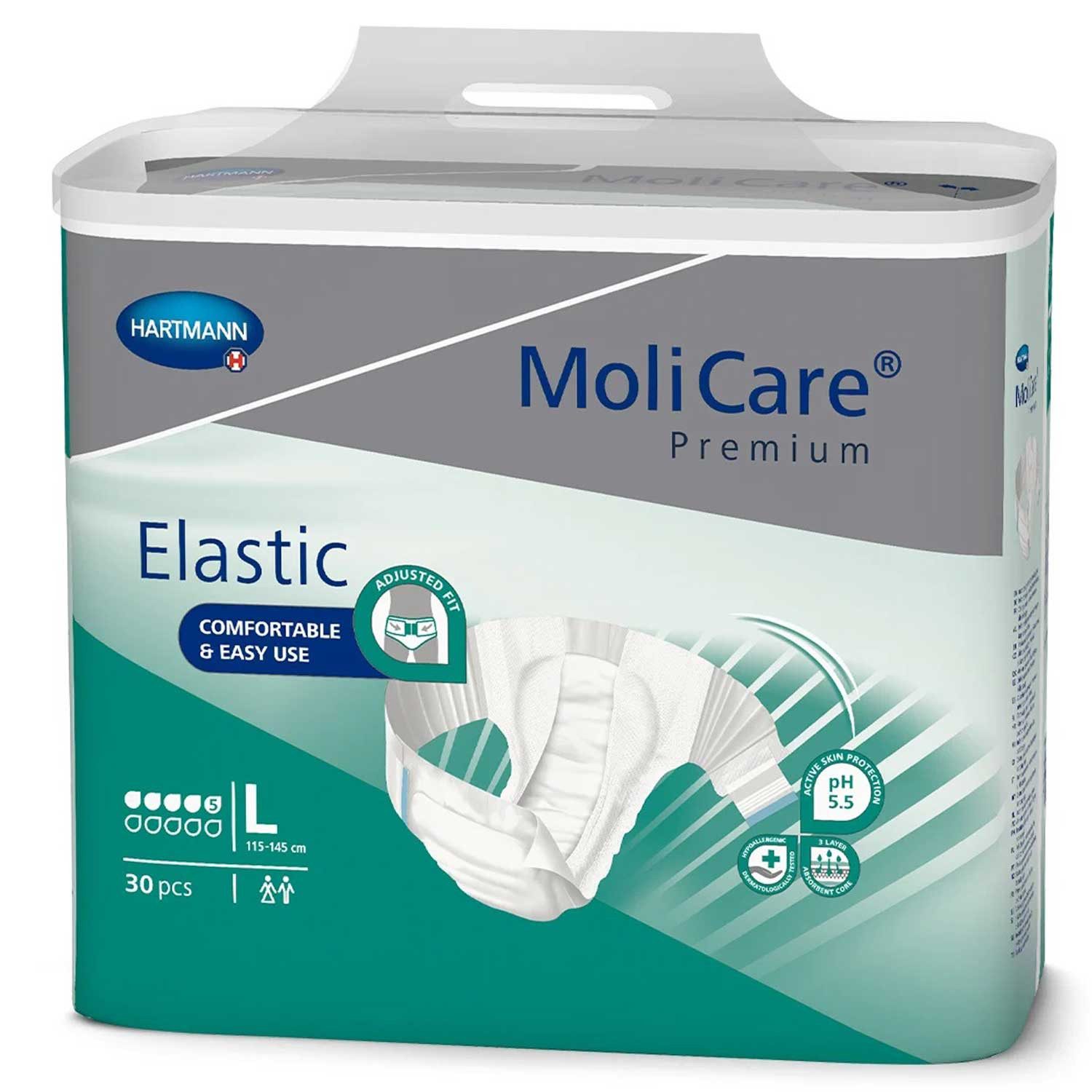 Molicare Inkontinenz-Einlage HARTMANN MoliCare Premium Elastic 5 Tropfen L 30 Stück, 5 Tropfen, 30-St., Sofort-Trocken-Gefühl, 2 wiederverschließbare Klett-Klebeverschlüsse