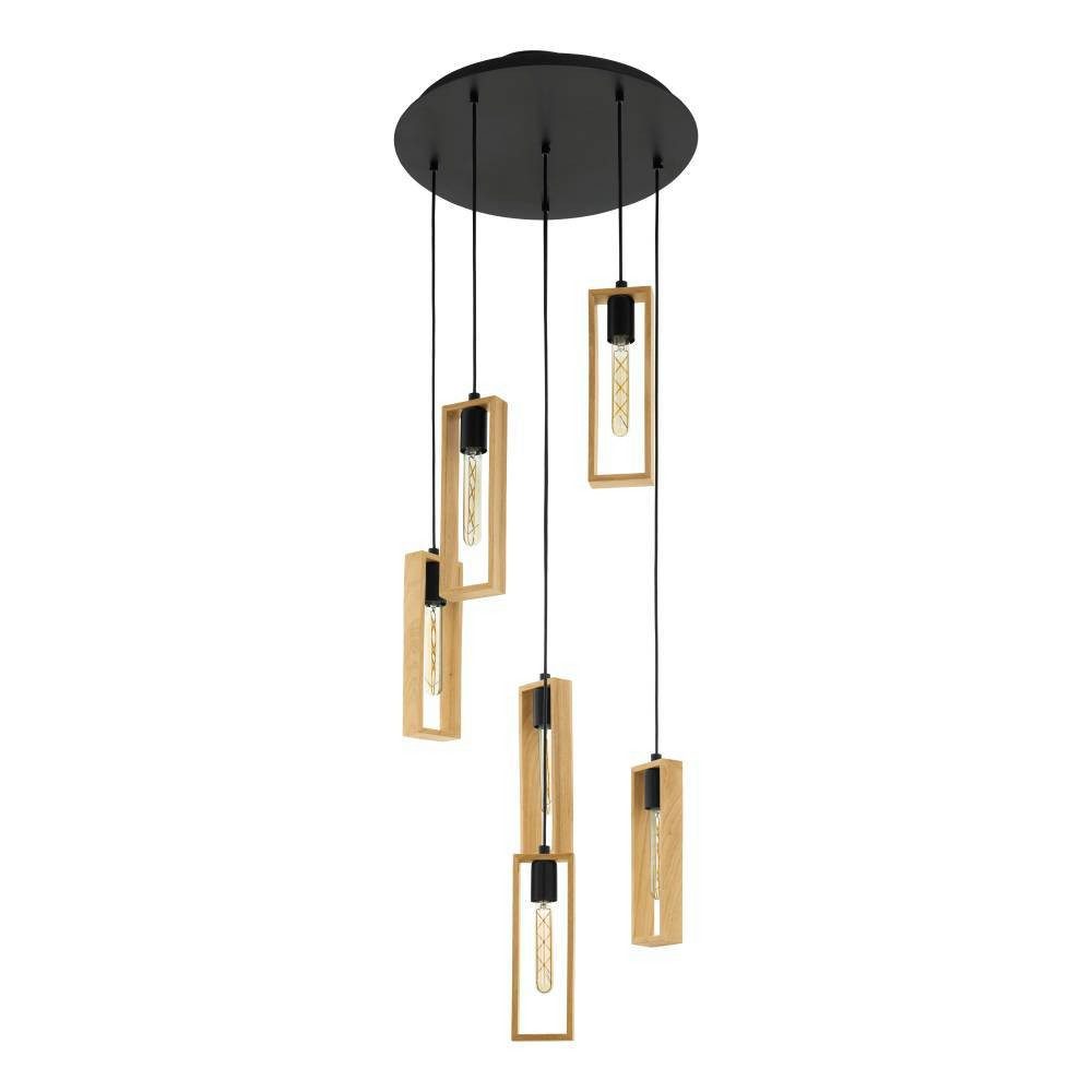 EGLO Hängeleuchte LITTLETON Hängelampe,Vintage, Stahl und Holz, IP20, Pendellampe, Lampe, ohne Leuchtmittel, Pendelleuchte, Esstisch, L150 cm x Ø50 cm, schwarz, braun, 6X40W exkl.