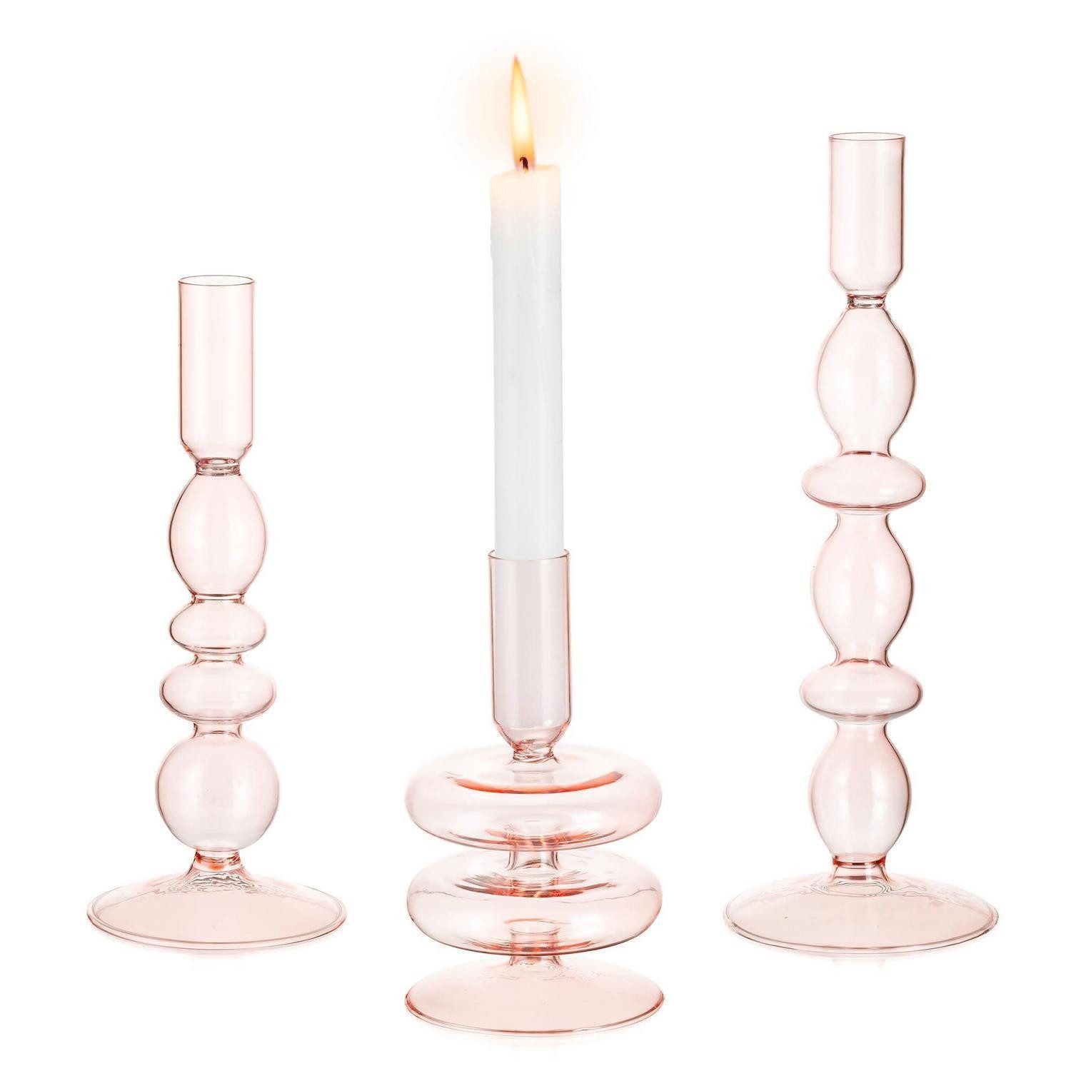 LuxusKollektion Kerzenständer Stabkerzenhalter Glas 3er Set Rosa (3 St)