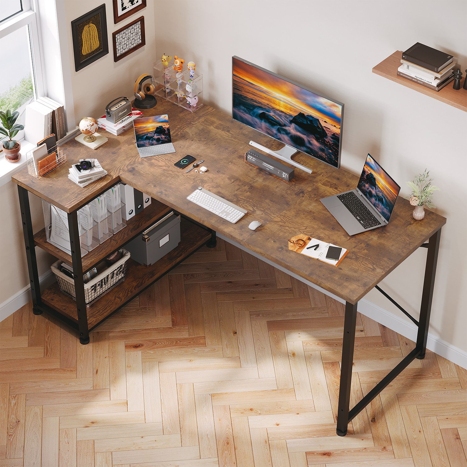HOMALL Eckschreibtisch 100/120L Form mit Ablagefächern, 2 Tier DIY Lagerregalen Computertisch (L-formiger Schreibtischumit Regal,100/120/140/160cm,Geeignet fur Burotisch, Arbeitszimmer, Schlafzimmer), Schreibtisch,PC Tisch,Heimbüro