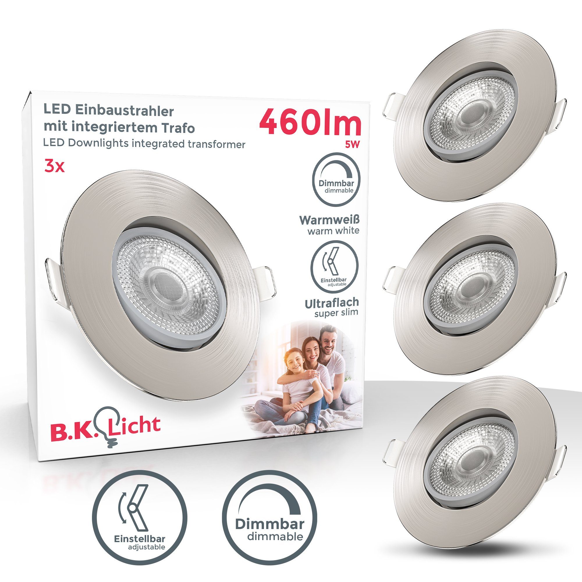 dimmbar Ø90mm Warmweiß, fest integriert, Einbauleuchten schwenkbar LED 460Lm Set - Leuchtmittel matt-nickel ultraflach warmweiß B.K.Licht BKL1284, LED Dimmfunktion, LED 5W 3er Einbaustrahler 24mm