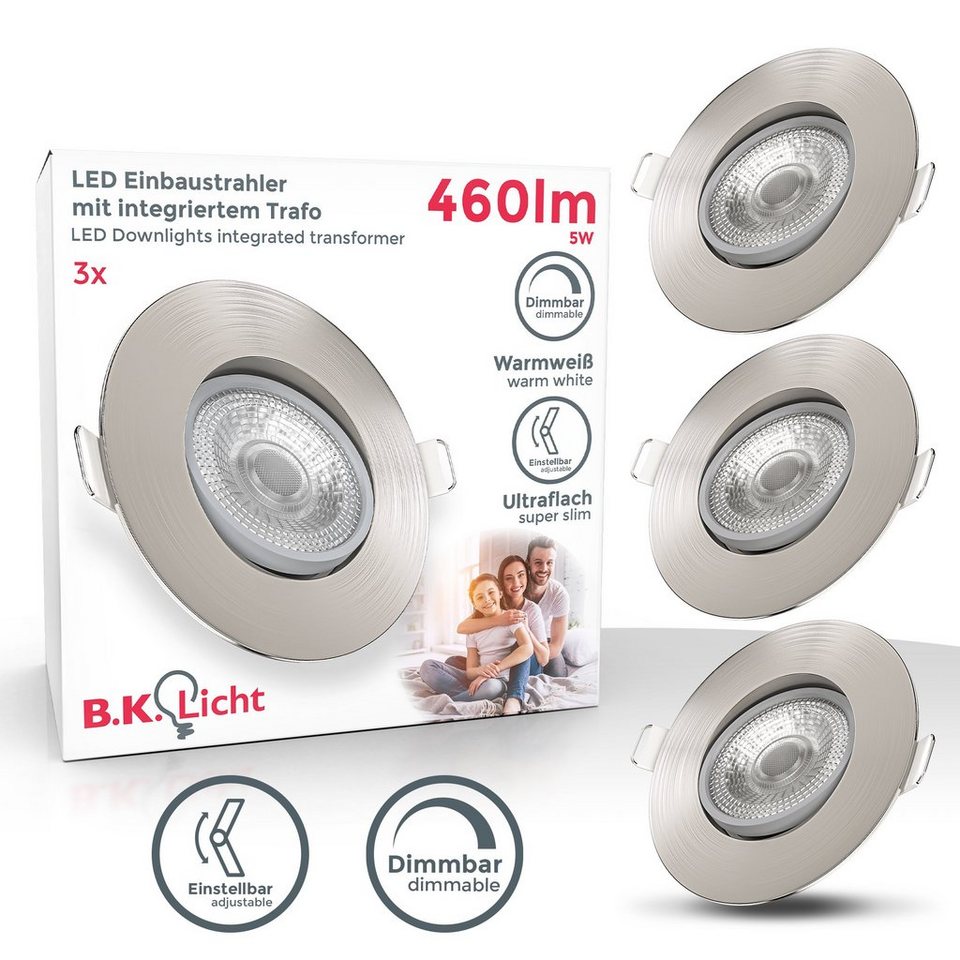 B.K.Licht LED Einbaustrahler 3er Set LED Einbauleuchten Ø90mm dimmbar -  BKL1284, Dimmfunktion, LED fest integriert, Warmweiß, schwenkbar ultraflach  24mm 5W Leuchtmittel 460Lm warmweiß matt-nickel | Alle Lampen