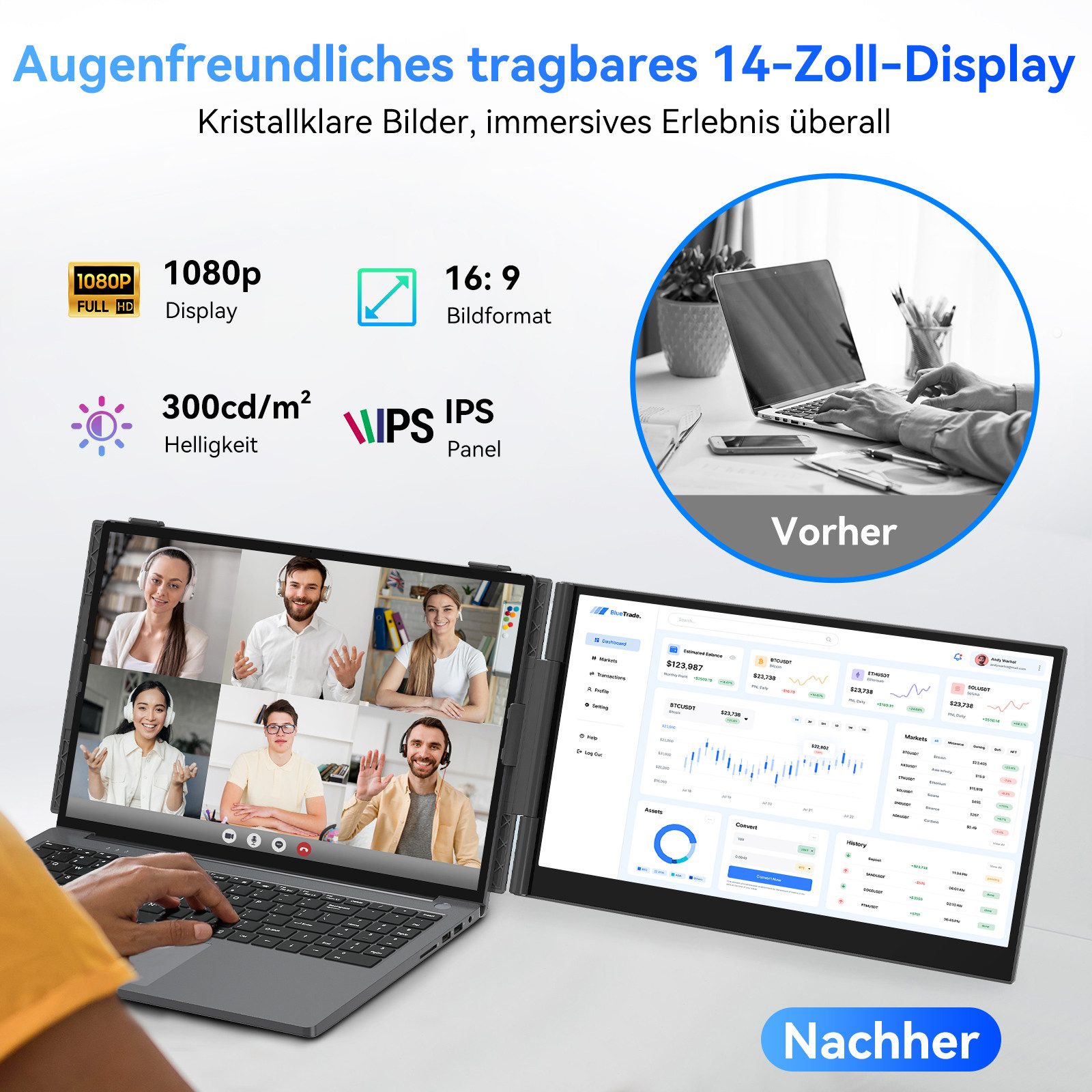 blackview 14 Zoll FHD Gaming Monitor SCM6, Ultra-dünne, LCD, IPS, 1920x1080 Portabler Monitor (1920x1080 px, Full HD, IPS, 600g, 180°, 13,3-17,3 Zoll & Windows/Mac/Android/Chrome-Kompatibilität)