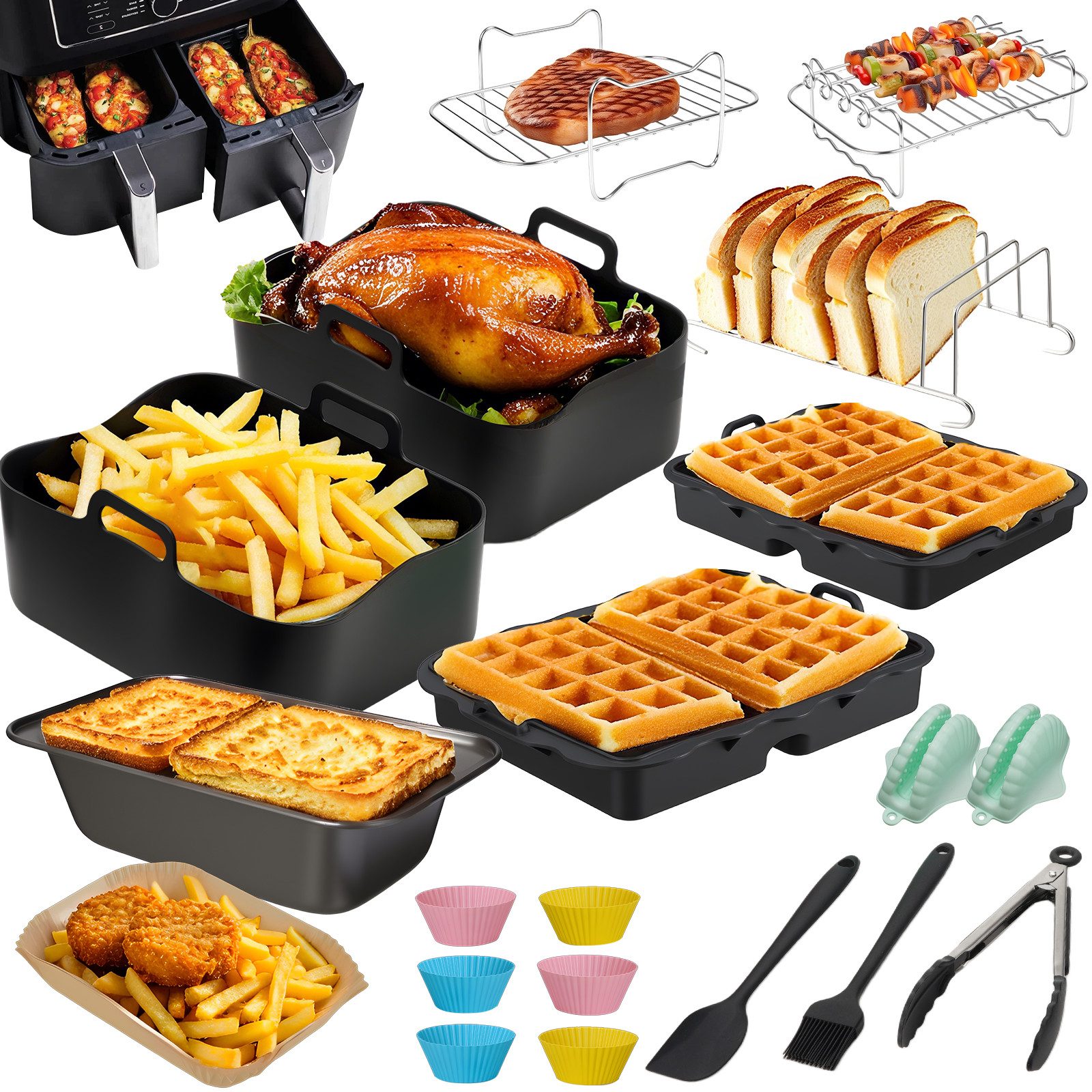 MECO Küchenmaschinen Zubehör-Set 20tlg Heißluftfritteuse, Zubehör für Ninja Dual Zone AF400EU/AF300EU/AF451EU 7,6-9,5L, Silikonformen, MuffinförmchenBackformen, Grillrost, Airfryer Zubehör
