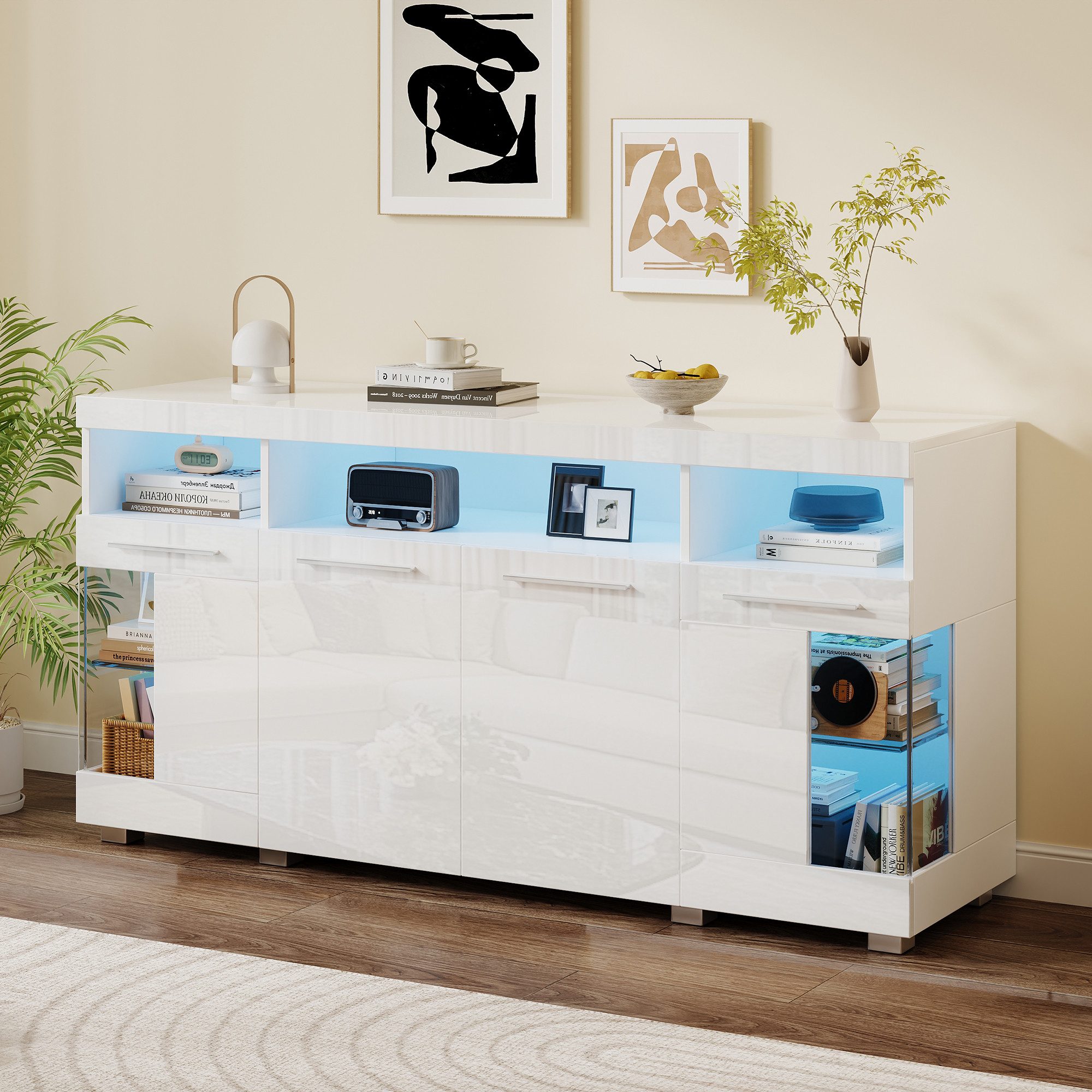 Merax Sideboard Buffetschrank mit LED-Beleuchtung (1 St), Kommode mit 3 Fächern, Glastüren und 6 Ablagen, Anrichte 140x40x70cm