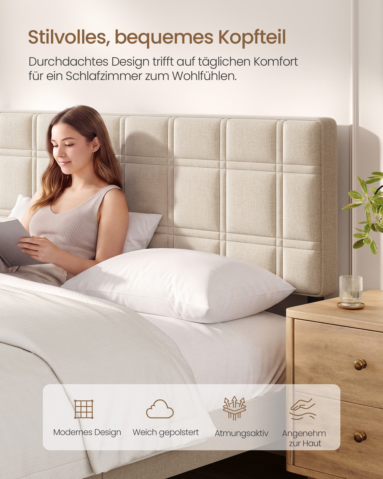 VASAGLE Polsterbett Doppelbett mit Gepolstertem und höheverstellbarem Kopfteil, 140 x 200 cm Cappuccinobeige,Geräuschlos und Einfache Montage – Bild 3 von 5