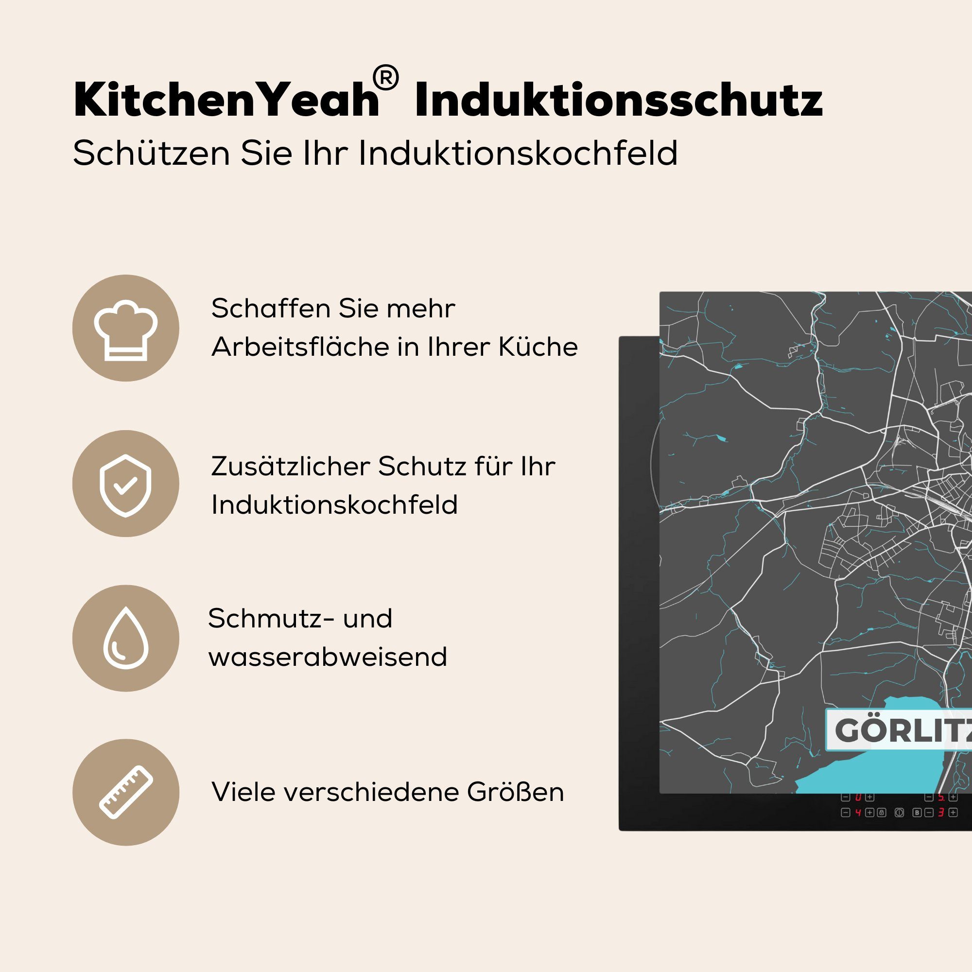 für - cm, - Karte Vinyl, Stadtplan (1 tlg), Arbeitsplatte MuchoWow - Deutschland Ceranfeldabdeckung, Görlitz küche - - Karte, Blau Herdblende-/Abdeckplatte 78x78