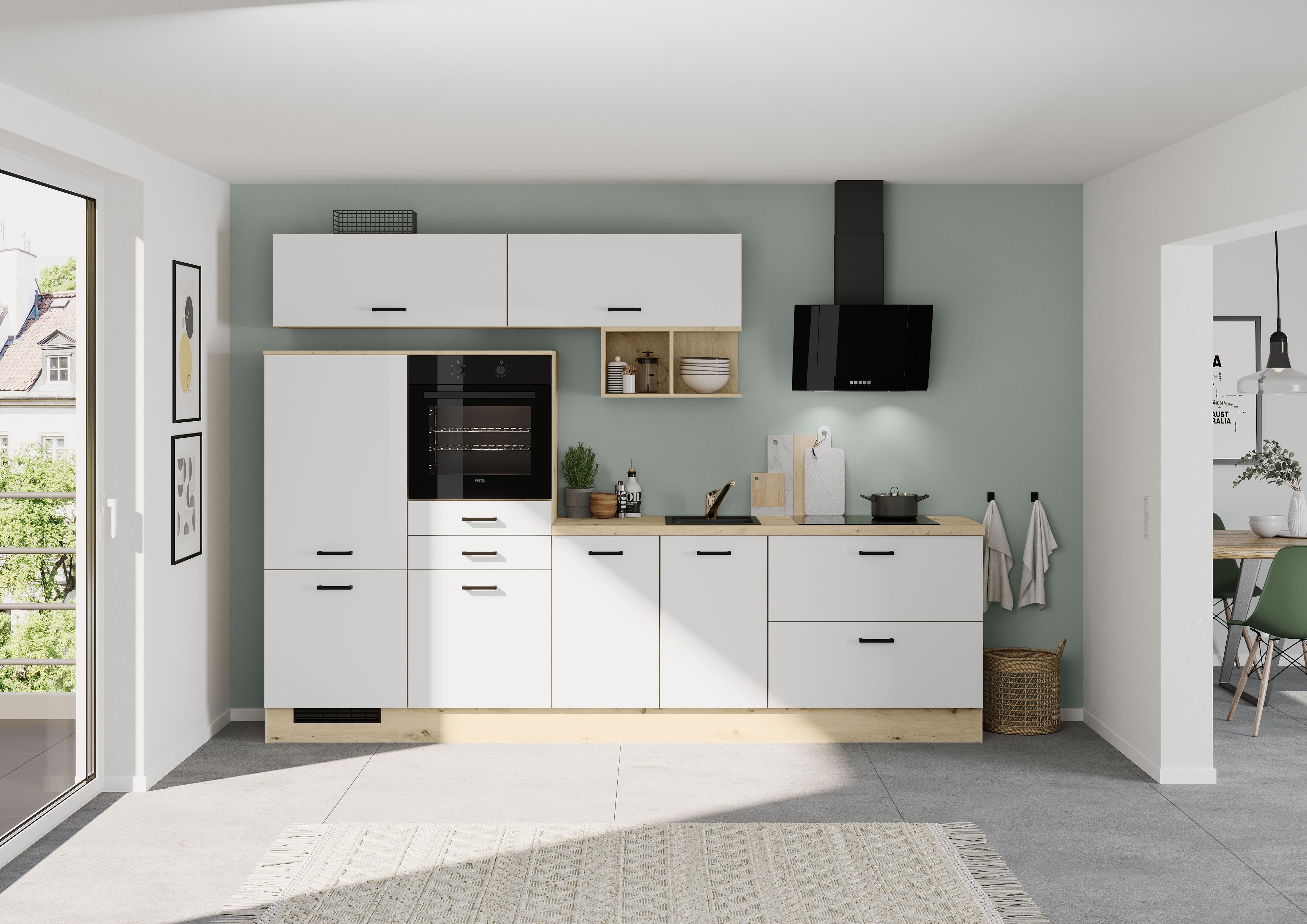 IMPULS KÜCHEN Küchenzeile "München", Ausrichtung wählbar, Schubkästen mit Soft-Close, vormontiert, wahlweise mit E-Geräten, Breite 300 cm