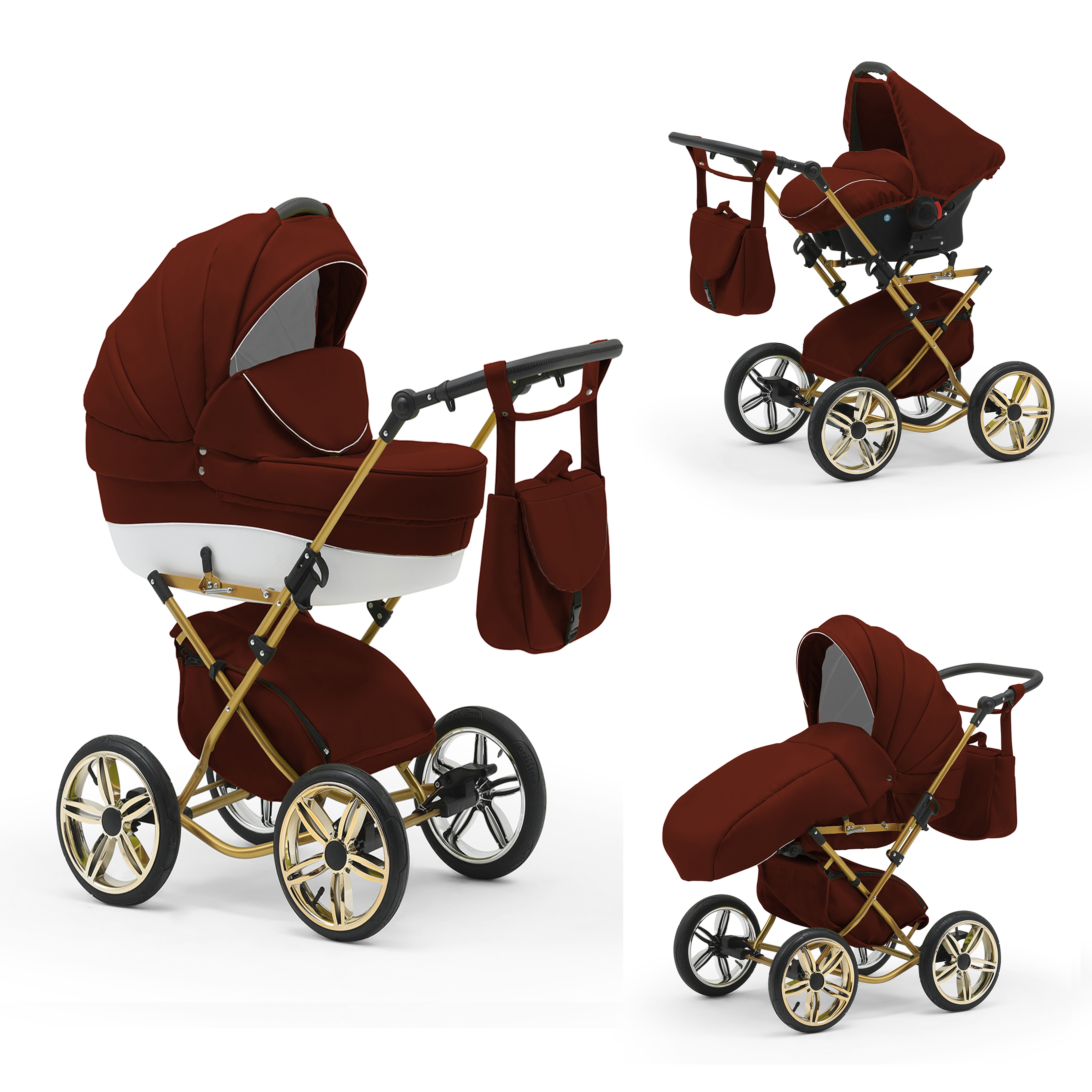 babies-on-wheels Kombi-Kinderwagen Sorento 3 in 1 inkl. Autositz - 13 Teile - in 10 Designs Bordeaux-Weiß