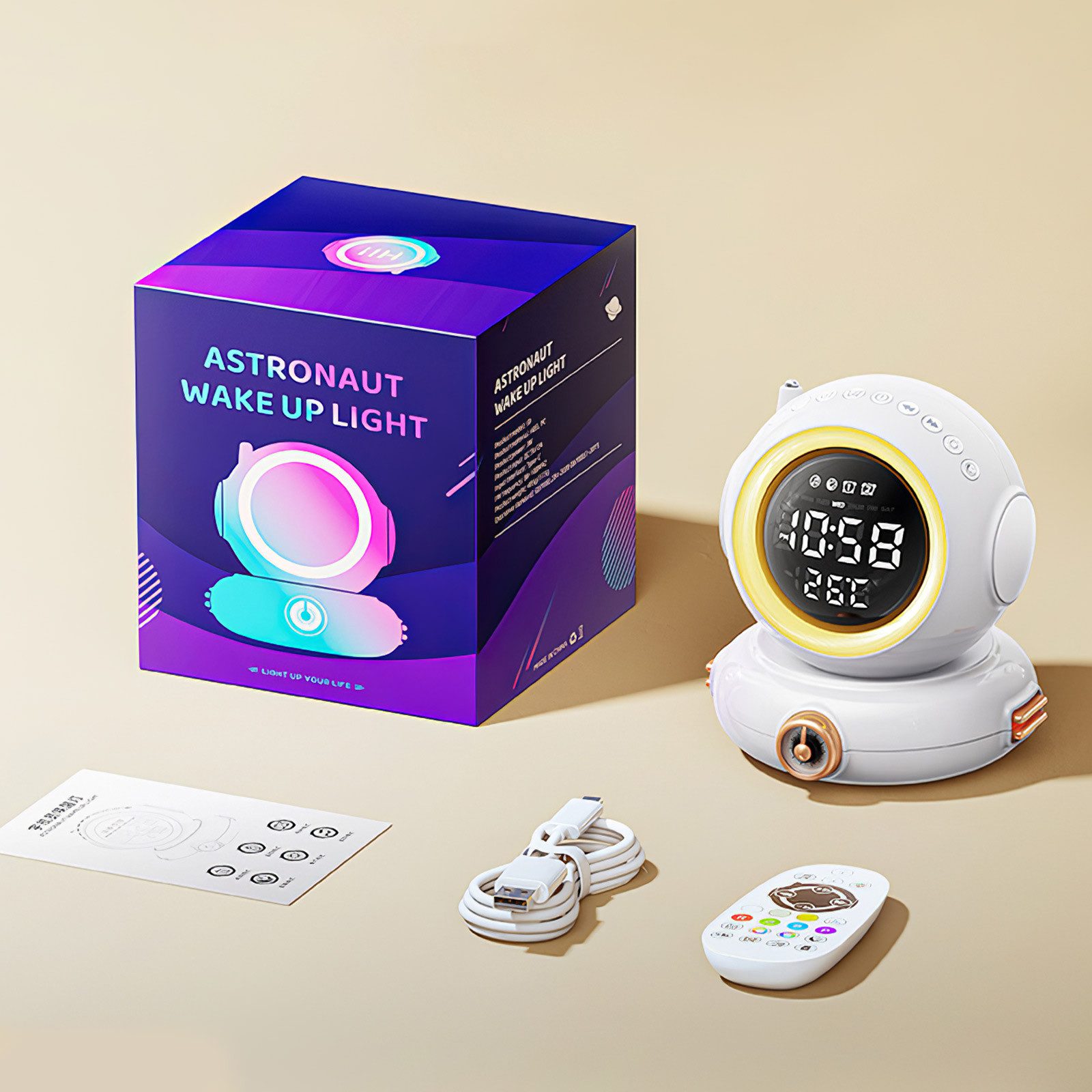 BlingBin LED Nachttischlampe USB Wake Up Licht Bluetooth Lautsprecher Mini FM Radio, Weckerfunktion, LED fest integriert, RGB, Bunte Astronaut Nacht Lampe