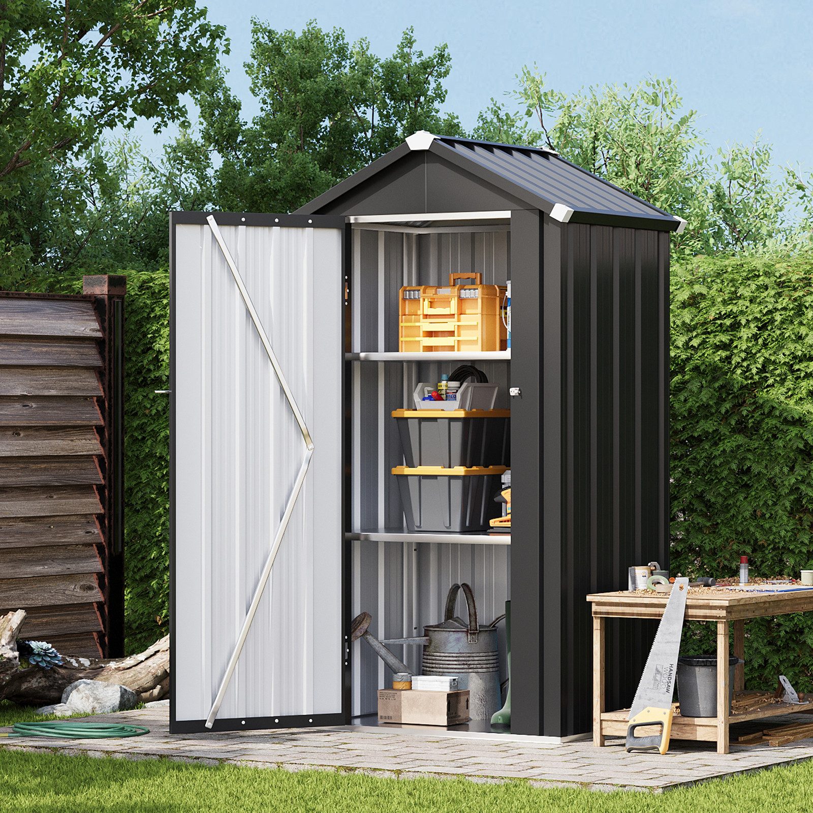 AOXUN Gerätehaus Metall Gartenschrank mit Boden, 2 verstellbare Einlegeböden, BxT: 88.4x68.9 cm, (1 St), wetterfest & windfest bis 65 km/h, 88,4x68,9x160 cm