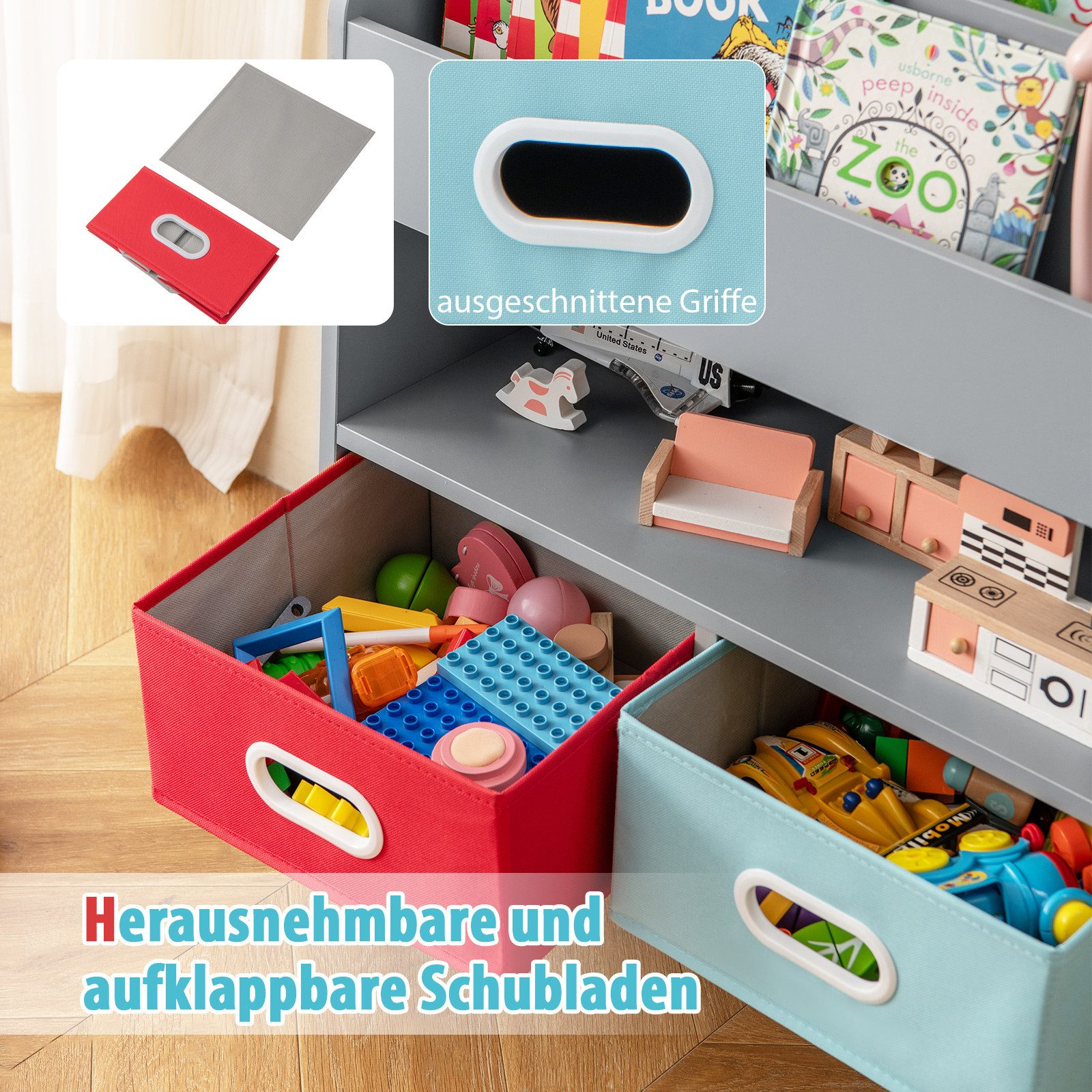 COSTWAY Spielzeugtruhe, Kinderregal mit 3-stufigen Regalen