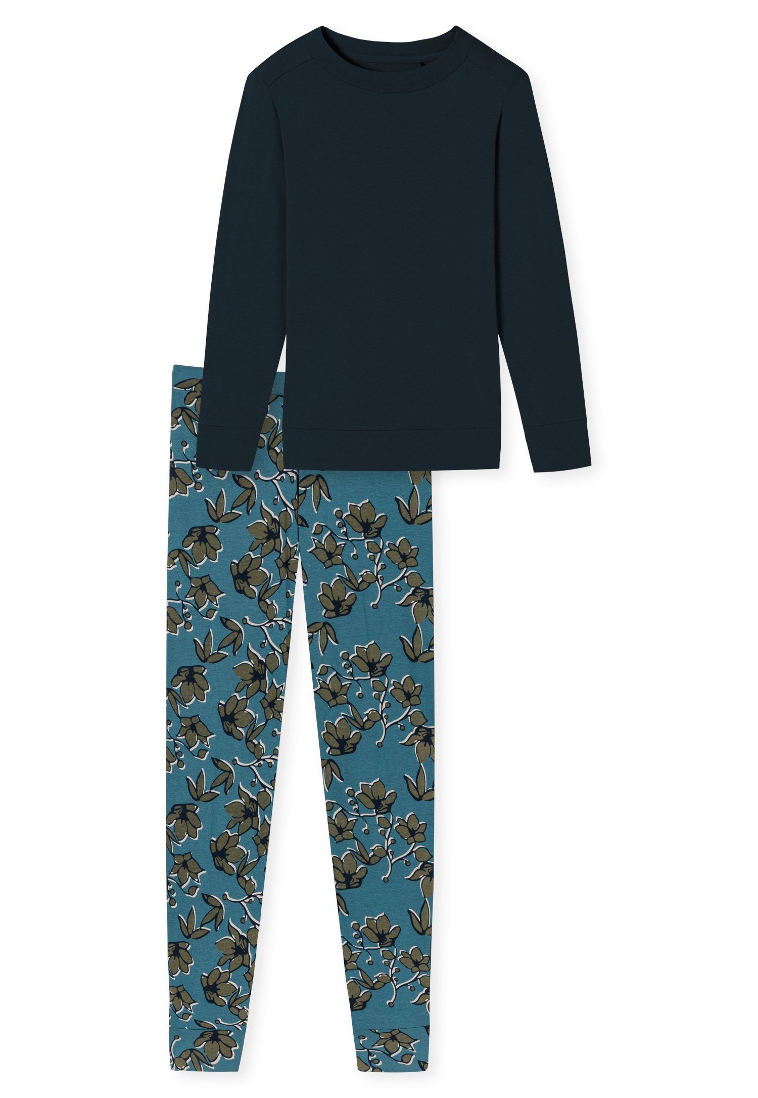 2 Oberteil (Set, unifarbenes gemusterter Schlafanzug Hose nachtblau+allover Pyjama lang tlg) Schiesser mit