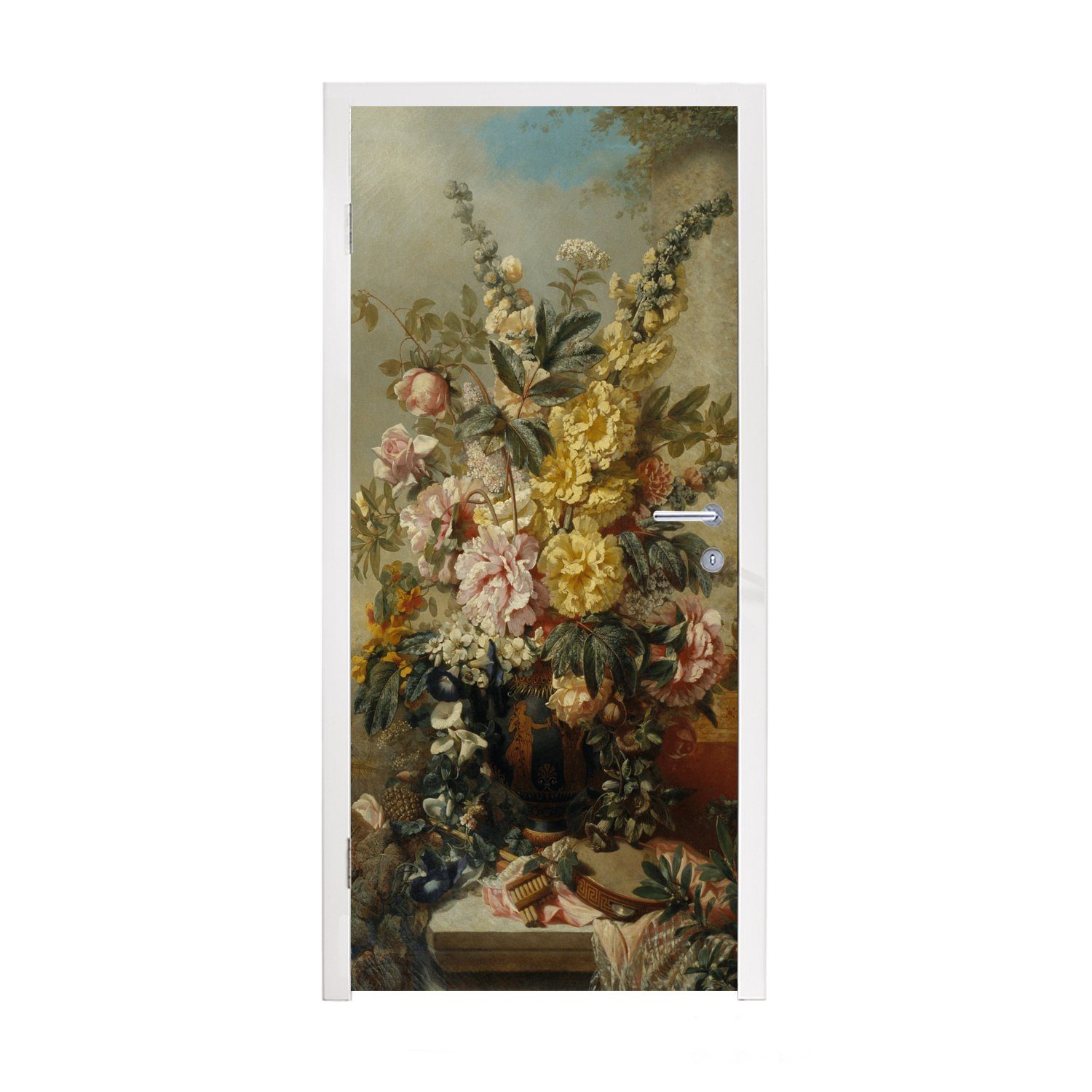 MuchoWow Türtapete Große Matt, 75x205 bedruckt, für Tür, - Blumen mit Fototapete Alte - Malerei, cm (1 Vase St), Türaufkleber, Meister
